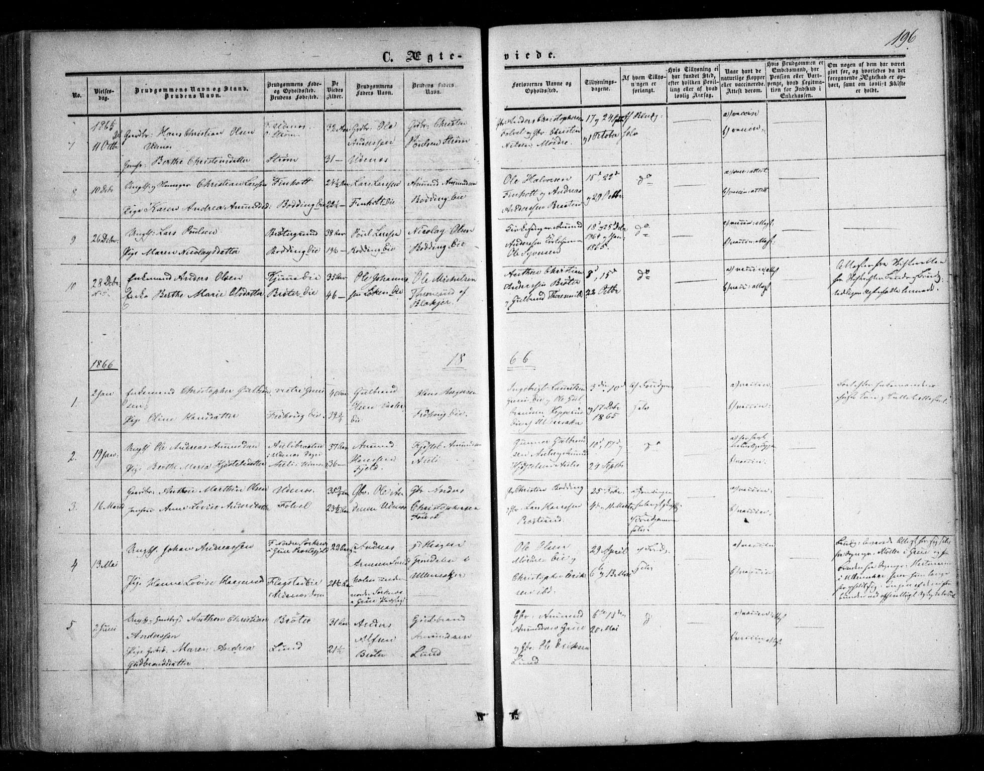 Nes prestekontor Kirkebøker, SAO/A-10410/F/Fc/L0001: Parish register (official) no. III 1, 1859-1882, p. 196