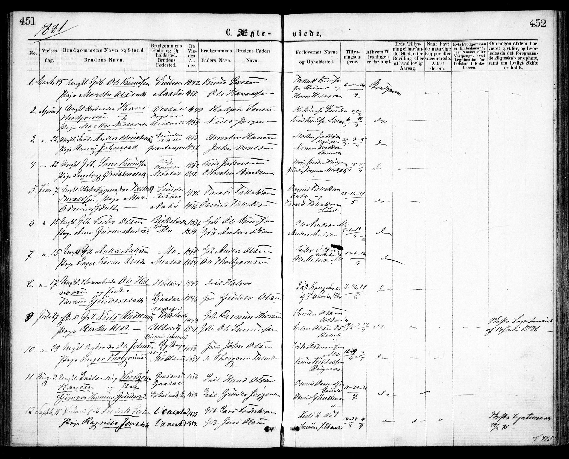 Gjerstad sokneprestkontor, AV/SAK-1111-0014/F/Fa/Faa/L0008: Parish register (official) no. A 8, 1876-1884, p. 451-452