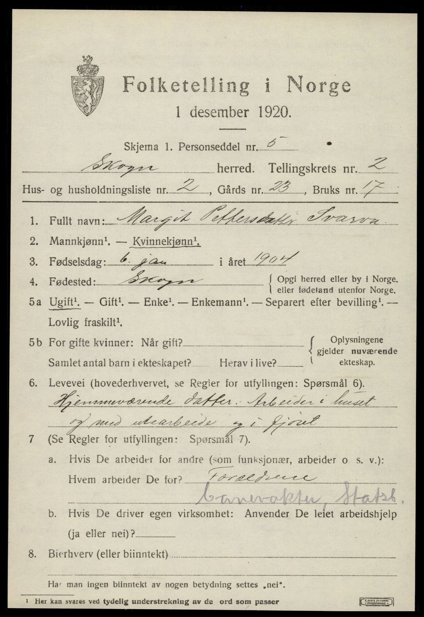 SAT, 1920 census for Skogn, 1920, p. 3043