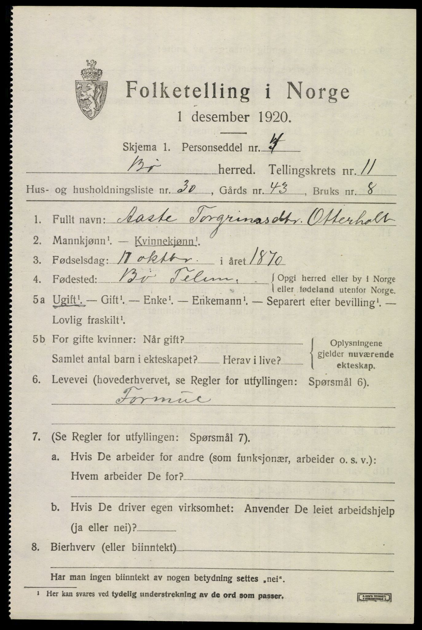 SAKO, 1920 census for Bø (Telemark), 1920, p. 7038