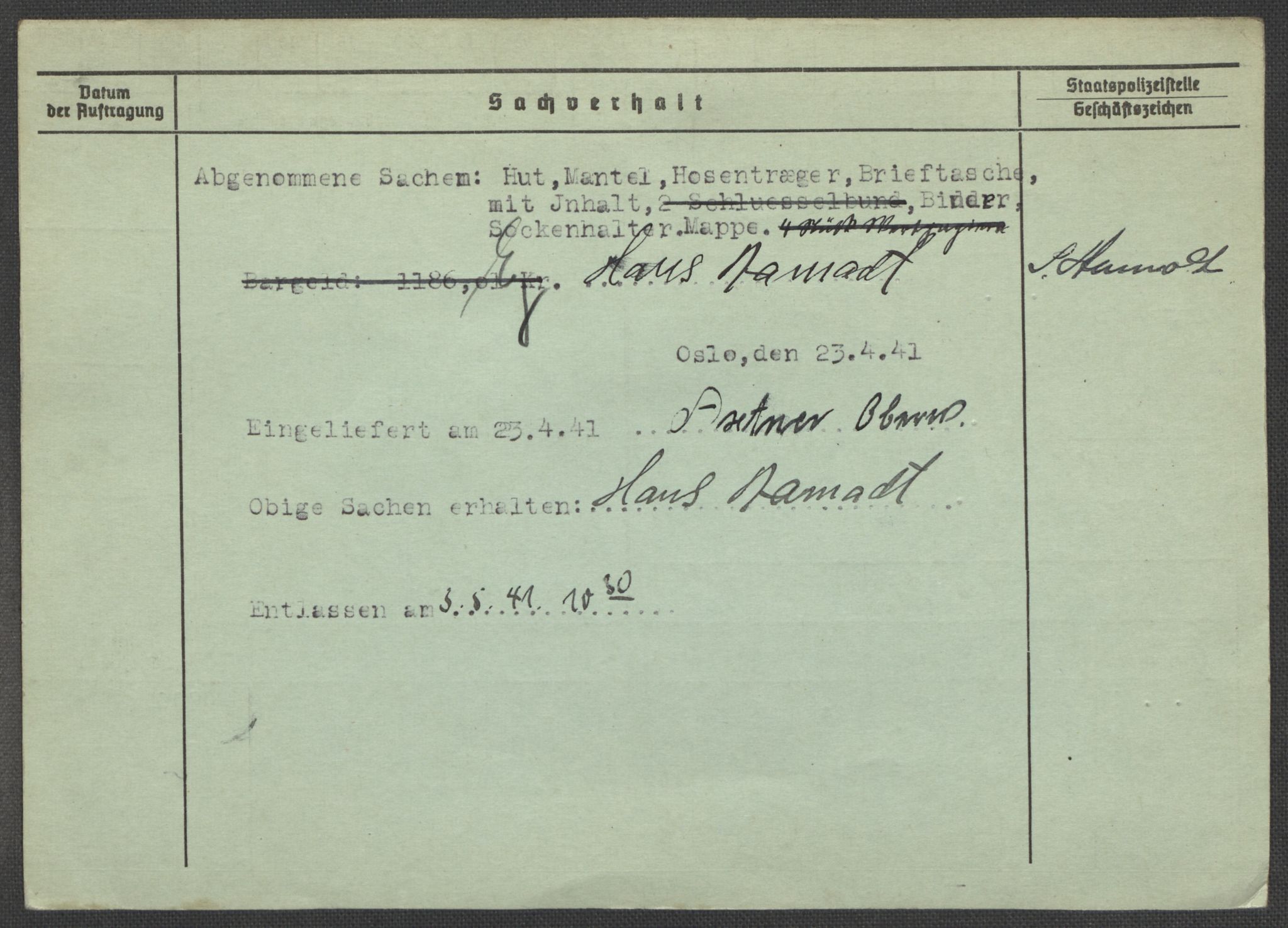 Befehlshaber der Sicherheitspolizei und des SD, AV/RA-RAFA-5969/E/Ea/Eaa/L0010: Register over norske fanger i Møllergata 19: Sø-Å, 1940-1945, p. 1411