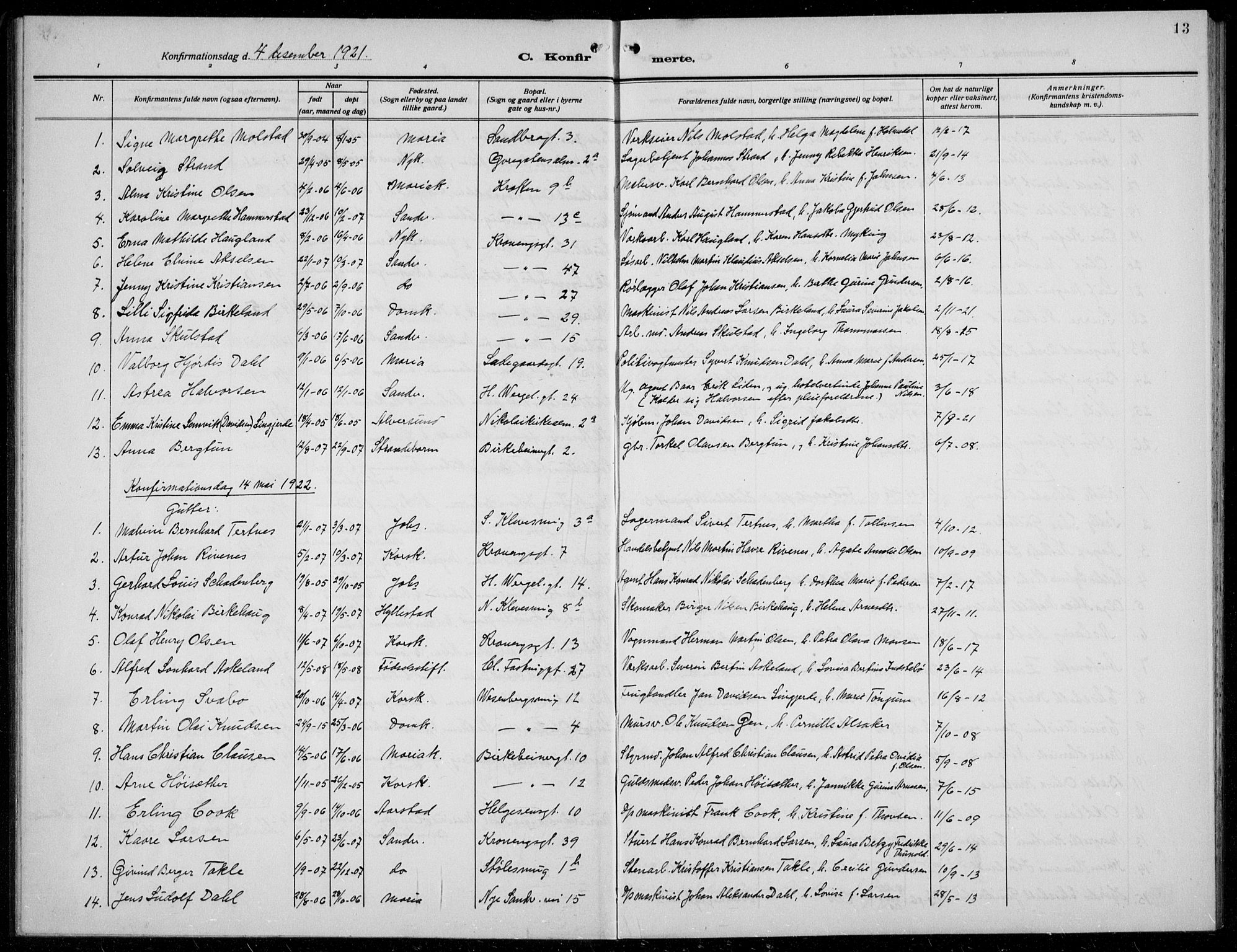 Mariakirken Sokneprestembete, SAB/A-76901/H/Hab/L0010: Parish register (copy) no. A 10, 1920-1937, p. 13