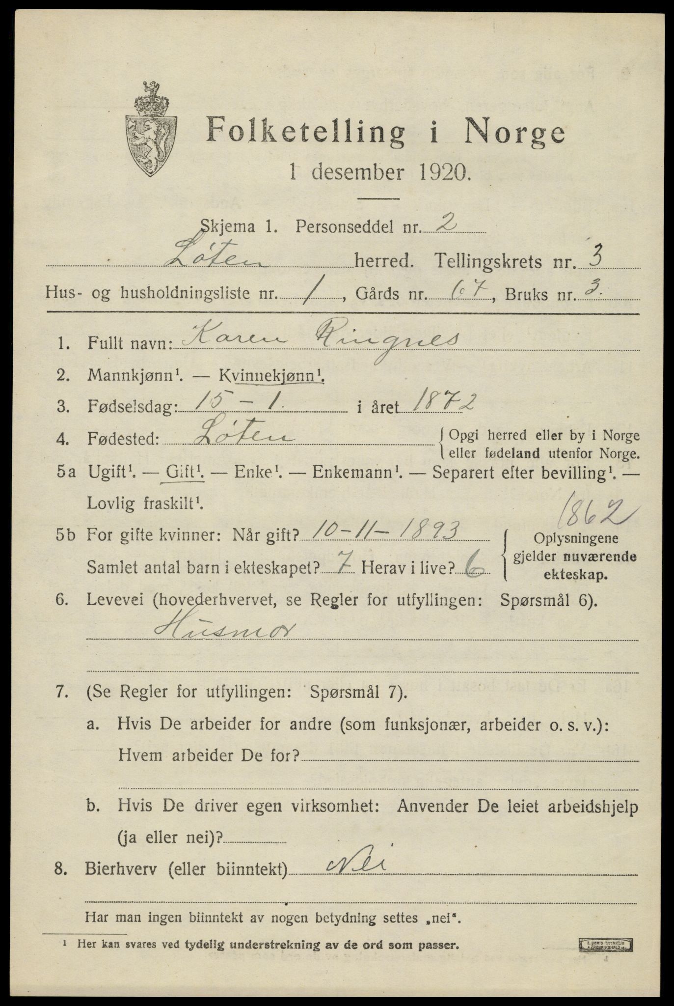 SAH, 1920 census for Løten, 1920, p. 7307