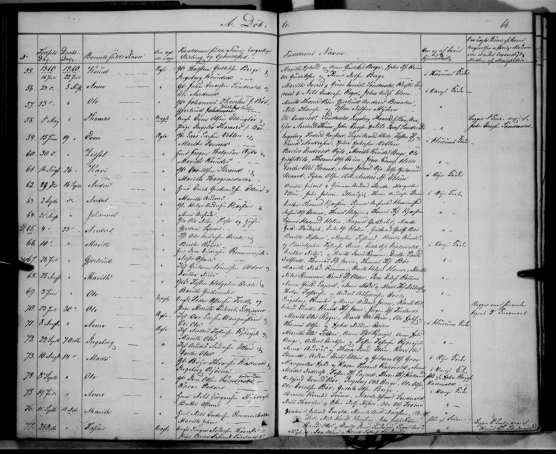 Vang prestekontor, Valdres, SAH/PREST-140/H/Ha/L0006: Parish register (official) no. 6, 1846-1864, p. 64