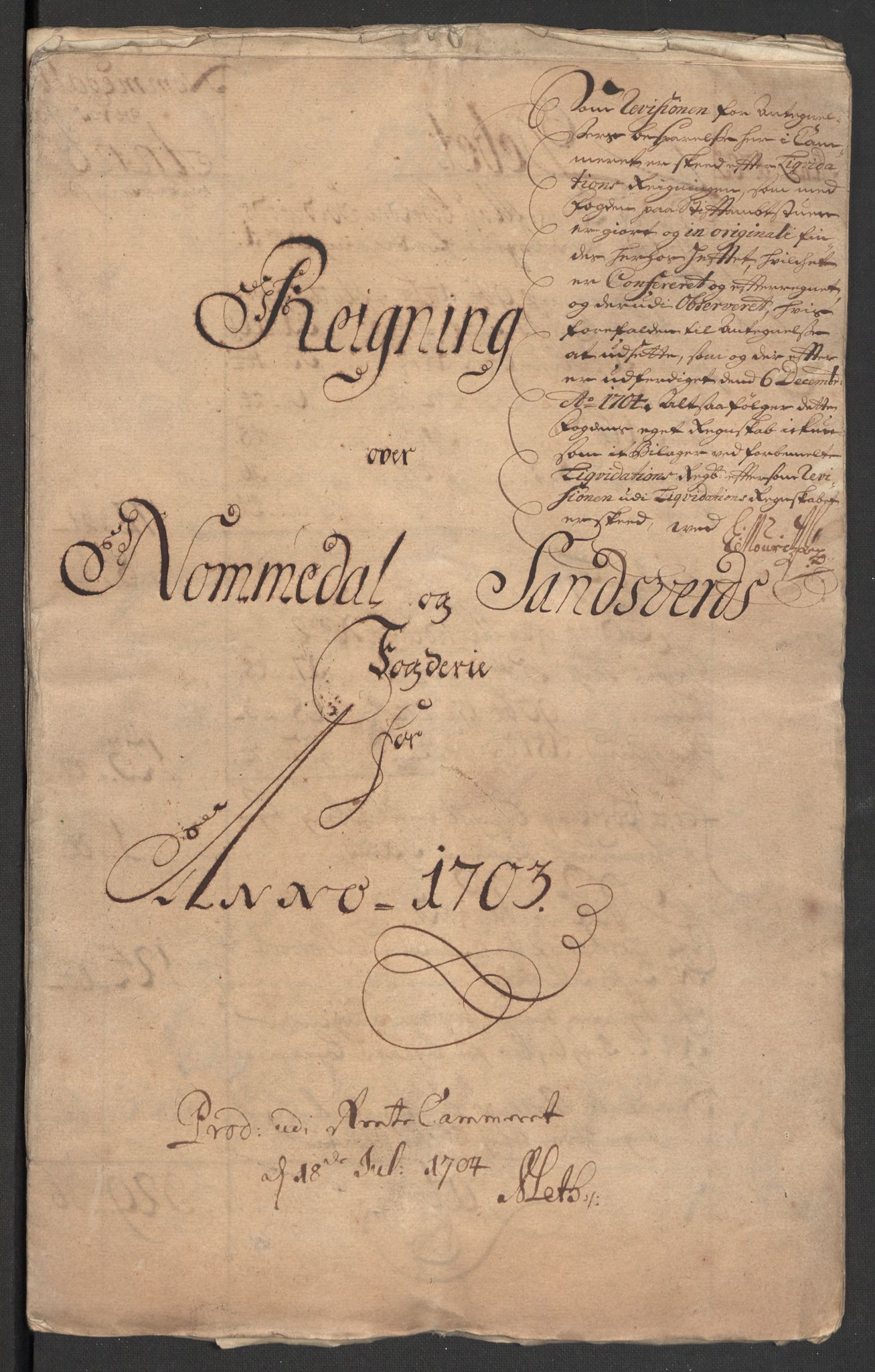 Rentekammeret inntil 1814, Reviderte regnskaper, Fogderegnskap, RA/EA-4092/R24/L1581: Fogderegnskap Numedal og Sandsvær, 1703, p. 3