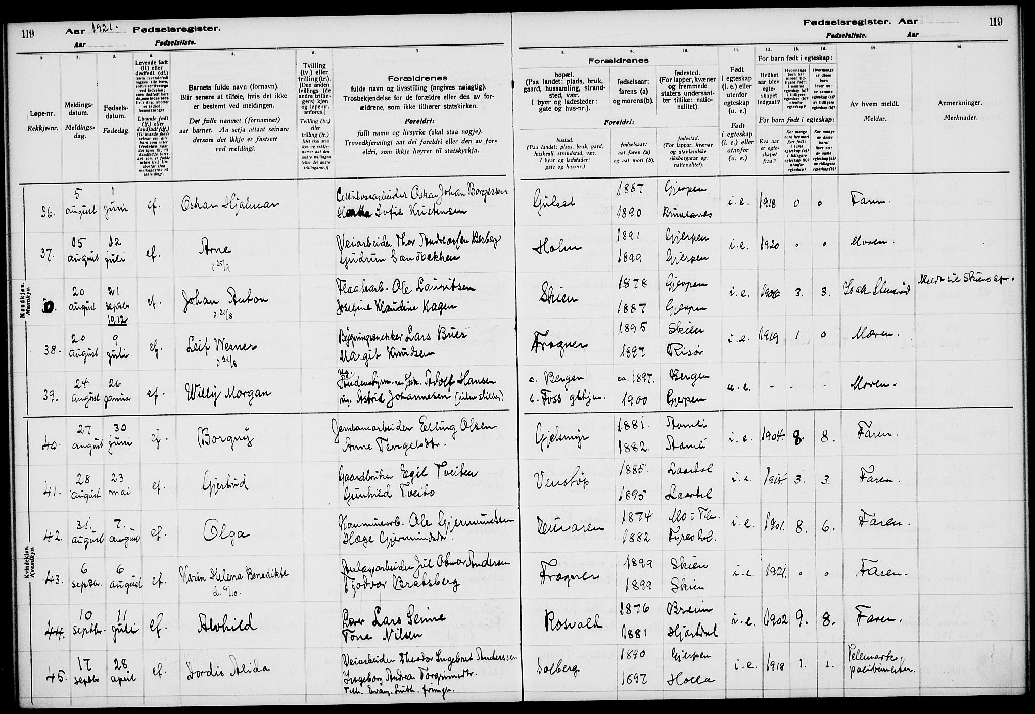 Gjerpen kirkebøker, AV/SAKO-A-265/J/Ja/L0001: Birth register no. I 1, 1916-1926, p. 119