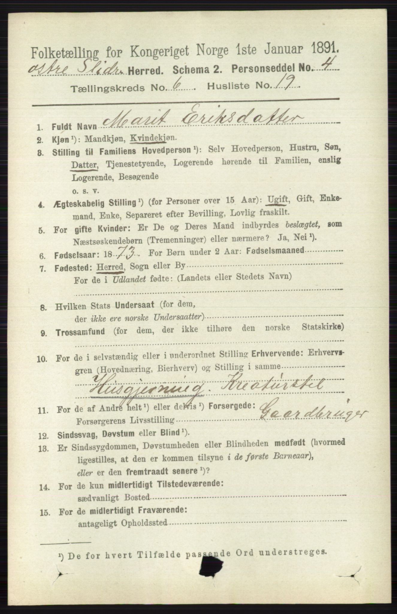 RA, 1891 census for 0544 Øystre Slidre, 1891, p. 1897