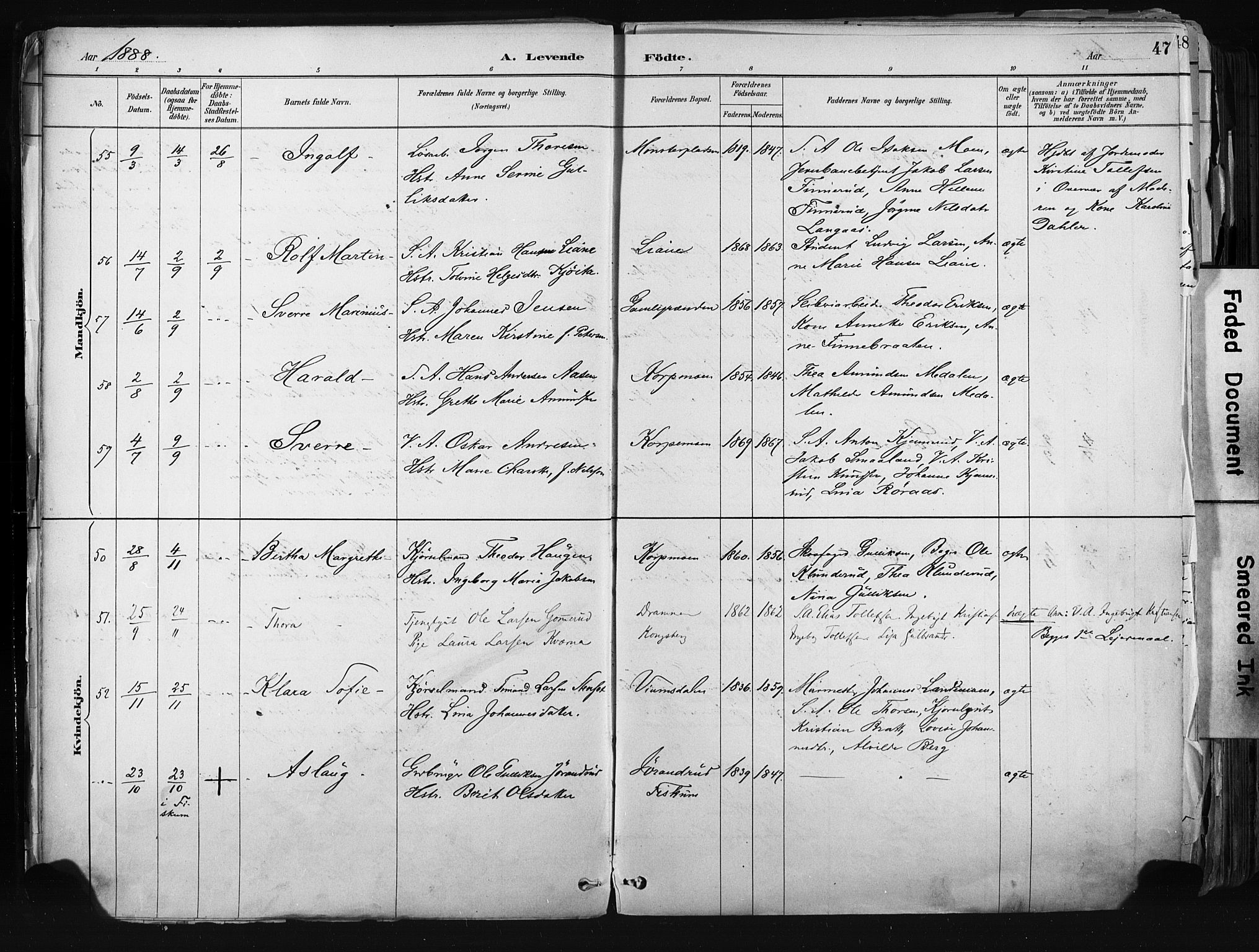 Kongsberg kirkebøker, AV/SAKO-A-22/F/Fb/L0002: Parish register (official) no. II 2, 1886-1896, p. 47