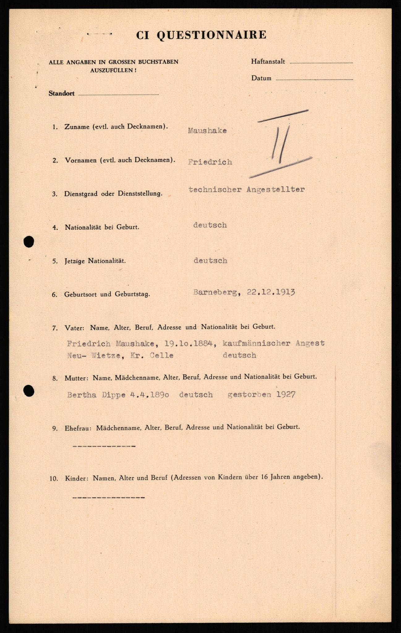 Forsvaret, Forsvarets overkommando II, AV/RA-RAFA-3915/D/Db/L0021: CI Questionaires. Tyske okkupasjonsstyrker i Norge. Tyskere., 1945-1946, p. 250