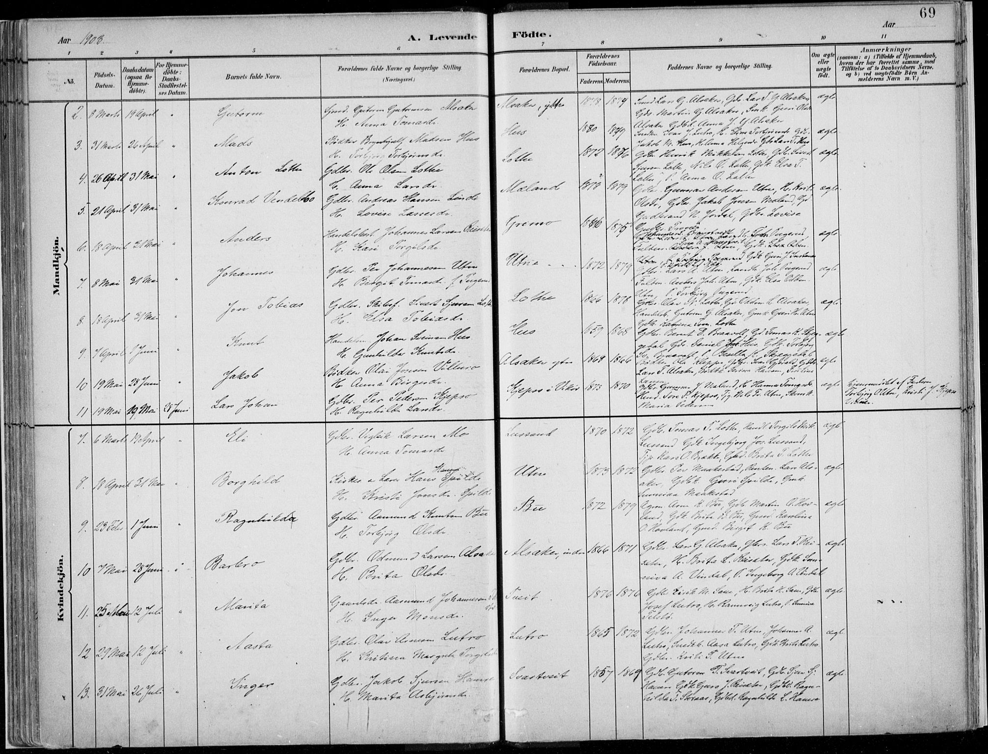 Ullensvang sokneprestembete, SAB/A-78701/H/Haa: Parish register (official) no. E  1, 1882-1921, p. 69