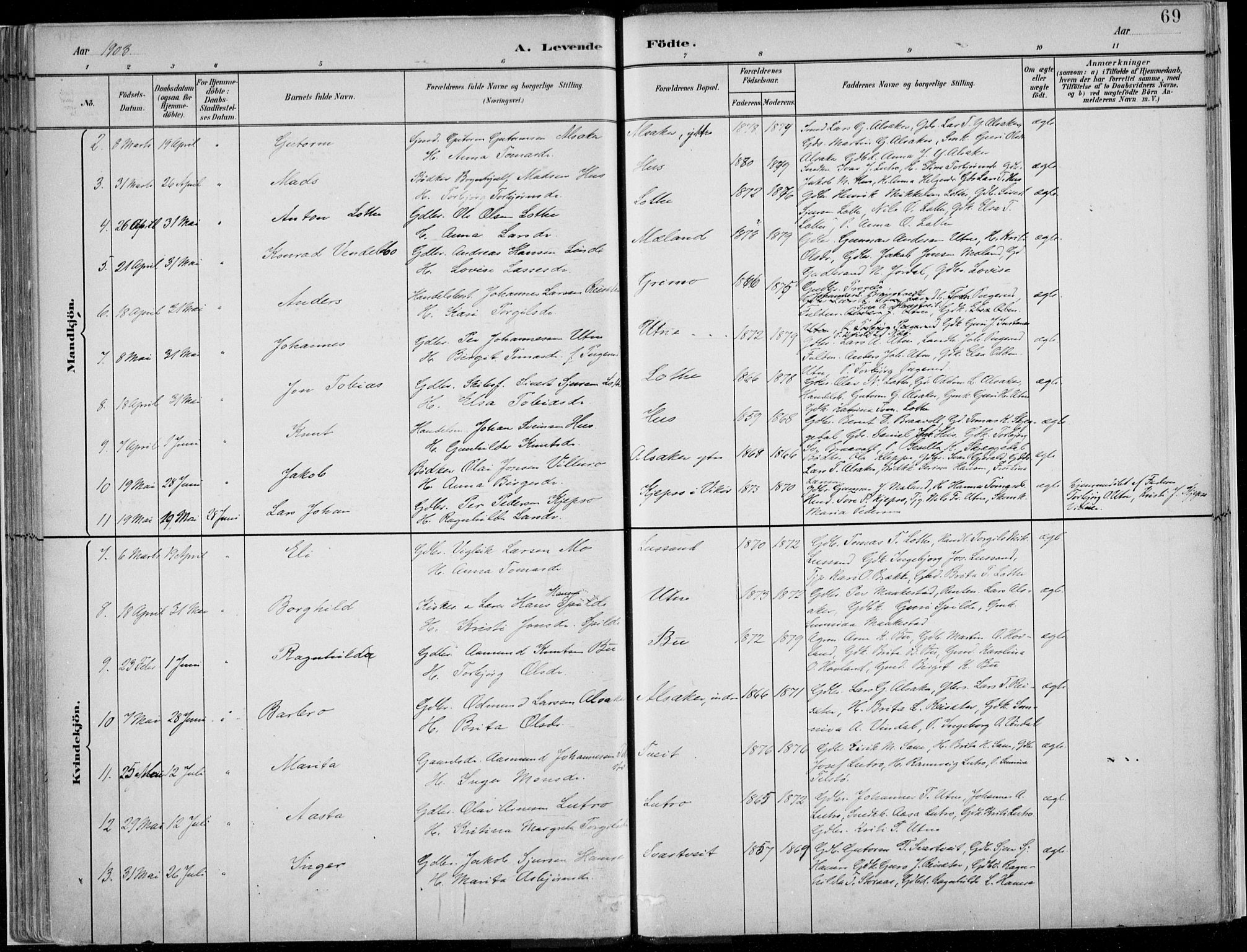 Ullensvang sokneprestembete, AV/SAB-A-78701/H/Haa: Parish register (official) no. E  1, 1882-1921, p. 69