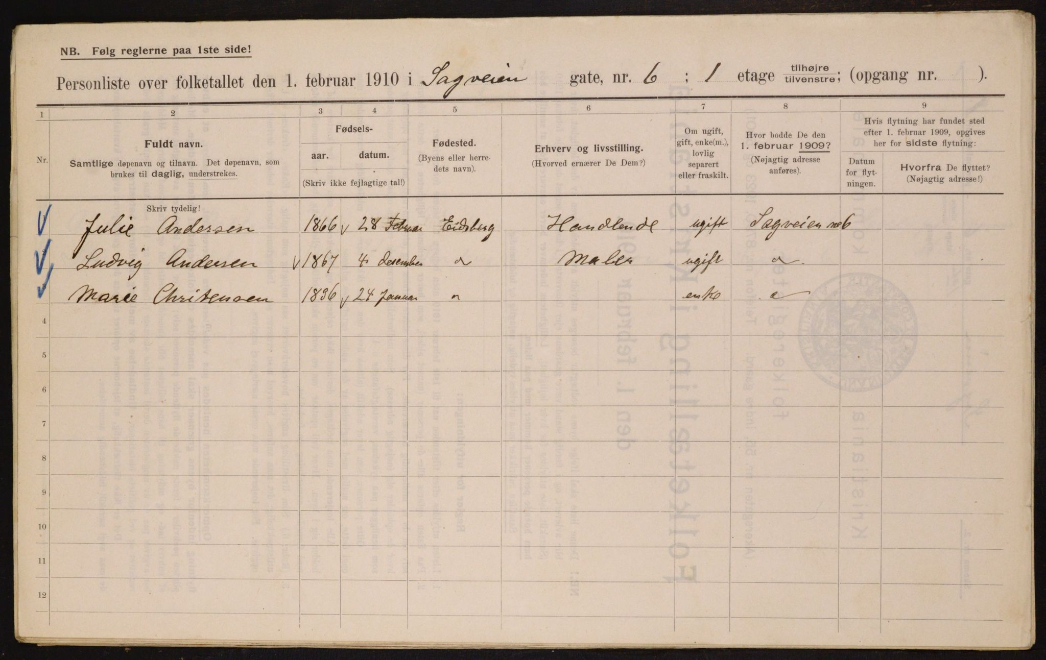 OBA, Municipal Census 1910 for Kristiania, 1910, p. 82740