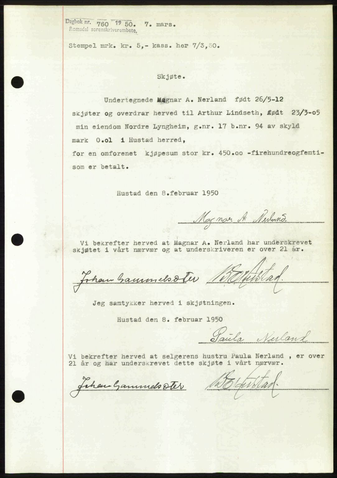 Romsdal sorenskriveri, AV/SAT-A-4149/1/2/2C: Mortgage book no. A32, 1950-1950, Diary no: : 760/1950