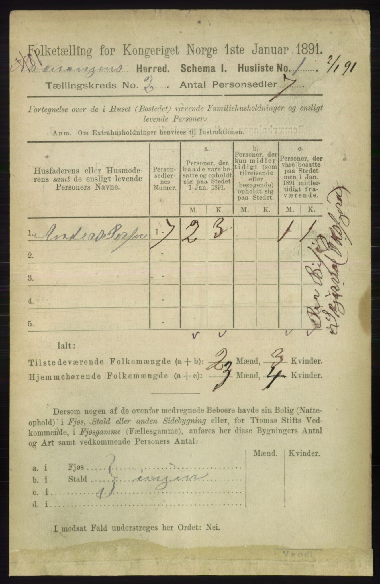 RA, 1891 census for 1943 Kvænangen, 1891, p. 325