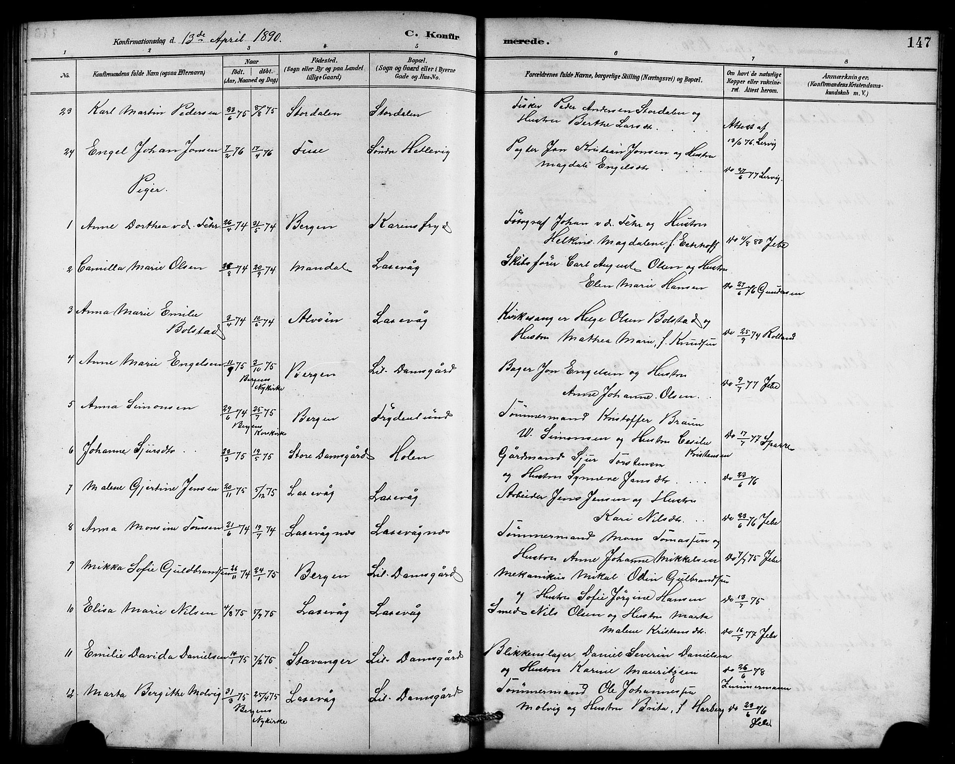 Laksevåg Sokneprestembete, AV/SAB-A-76501/H/Ha/Hab/Haba/L0003: Parish register (copy) no. A 3, 1887-1899, p. 147