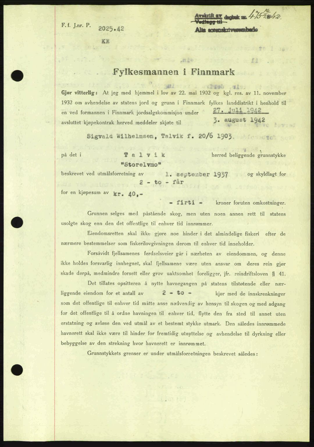 Alta fogderi/sorenskriveri, SATØ/SATØ-5/1/K/Kd/L0033pantebok: Mortgage book no. 33, 1940-1943, Diary no: : 475/1942