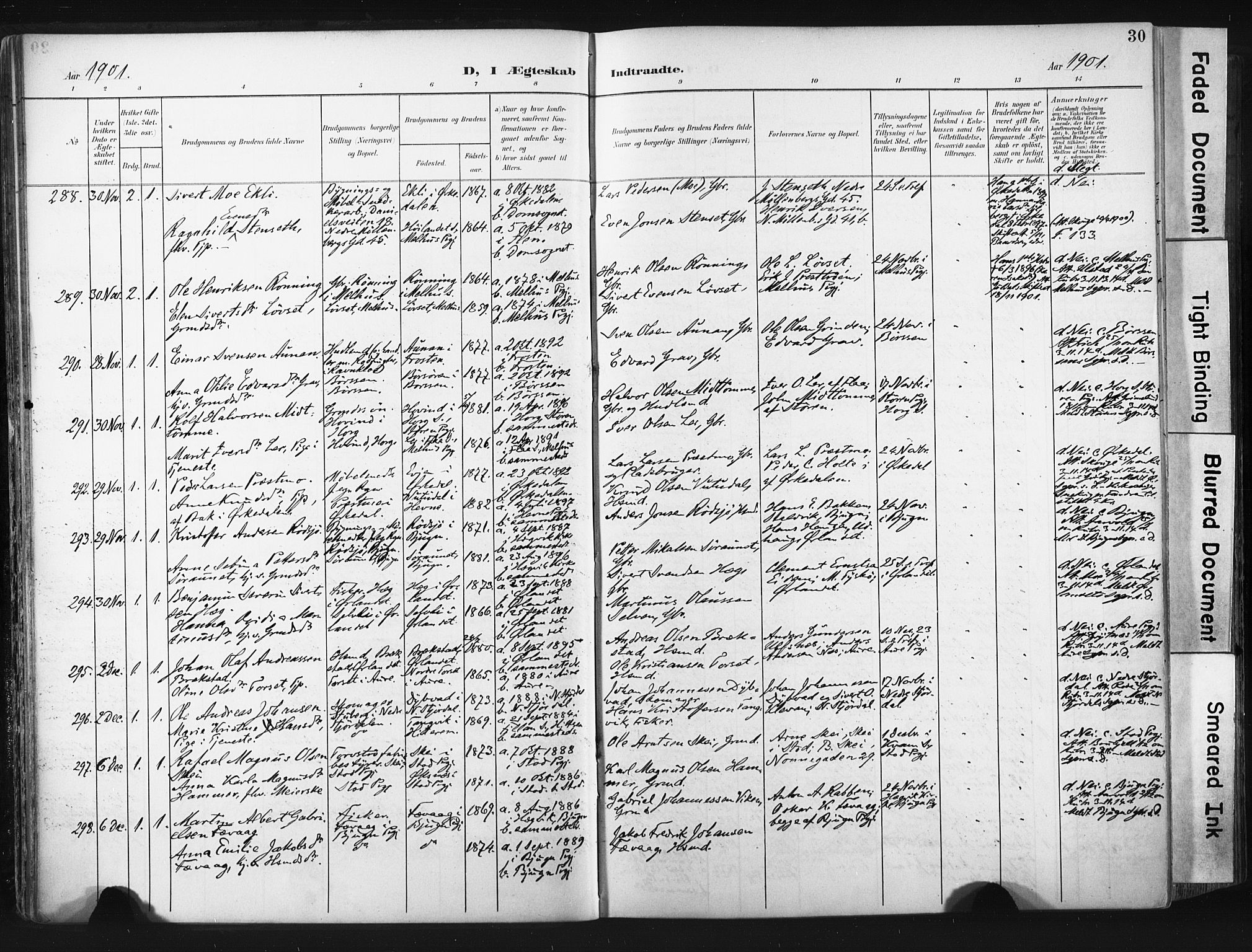 Ministerialprotokoller, klokkerbøker og fødselsregistre - Sør-Trøndelag, AV/SAT-A-1456/604/L0201: Parish register (official) no. 604A21, 1901-1911, p. 30