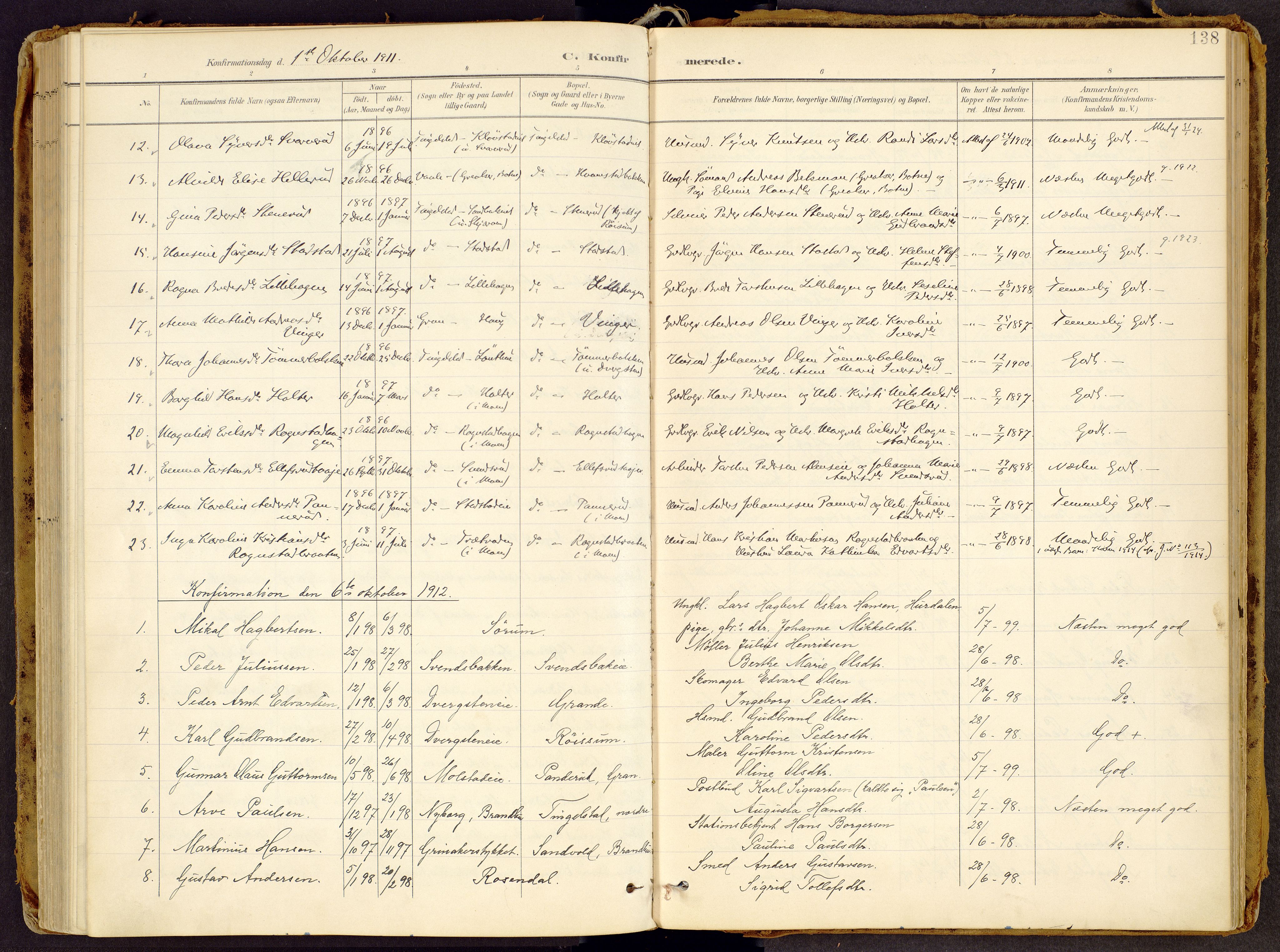 Brandbu prestekontor, SAH/PREST-114/H/Ha/Haa/L0002: Parish register (official) no. 2, 1899-1914, p. 138