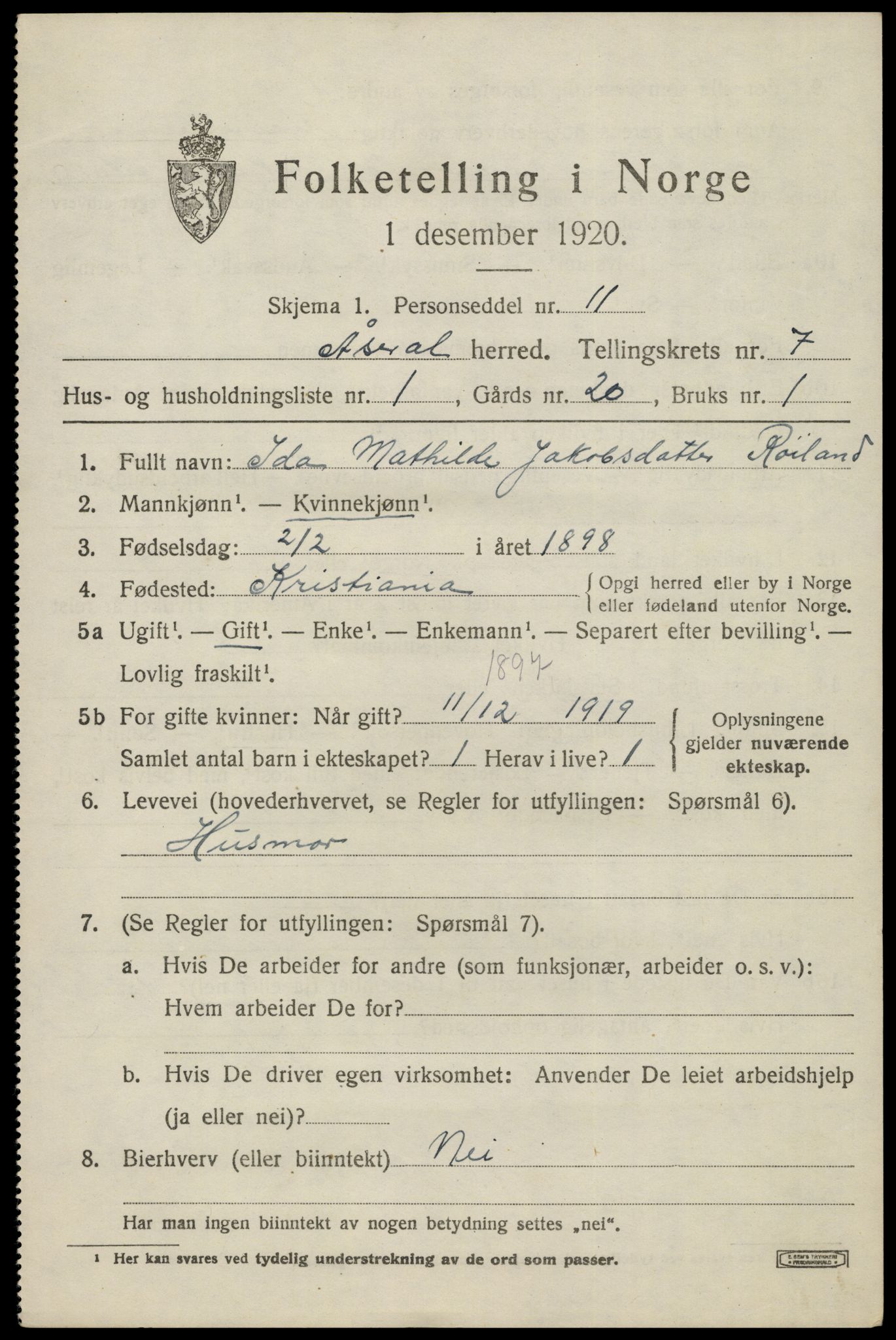 SAK, 1920 census for Åseral, 1920, p. 2066