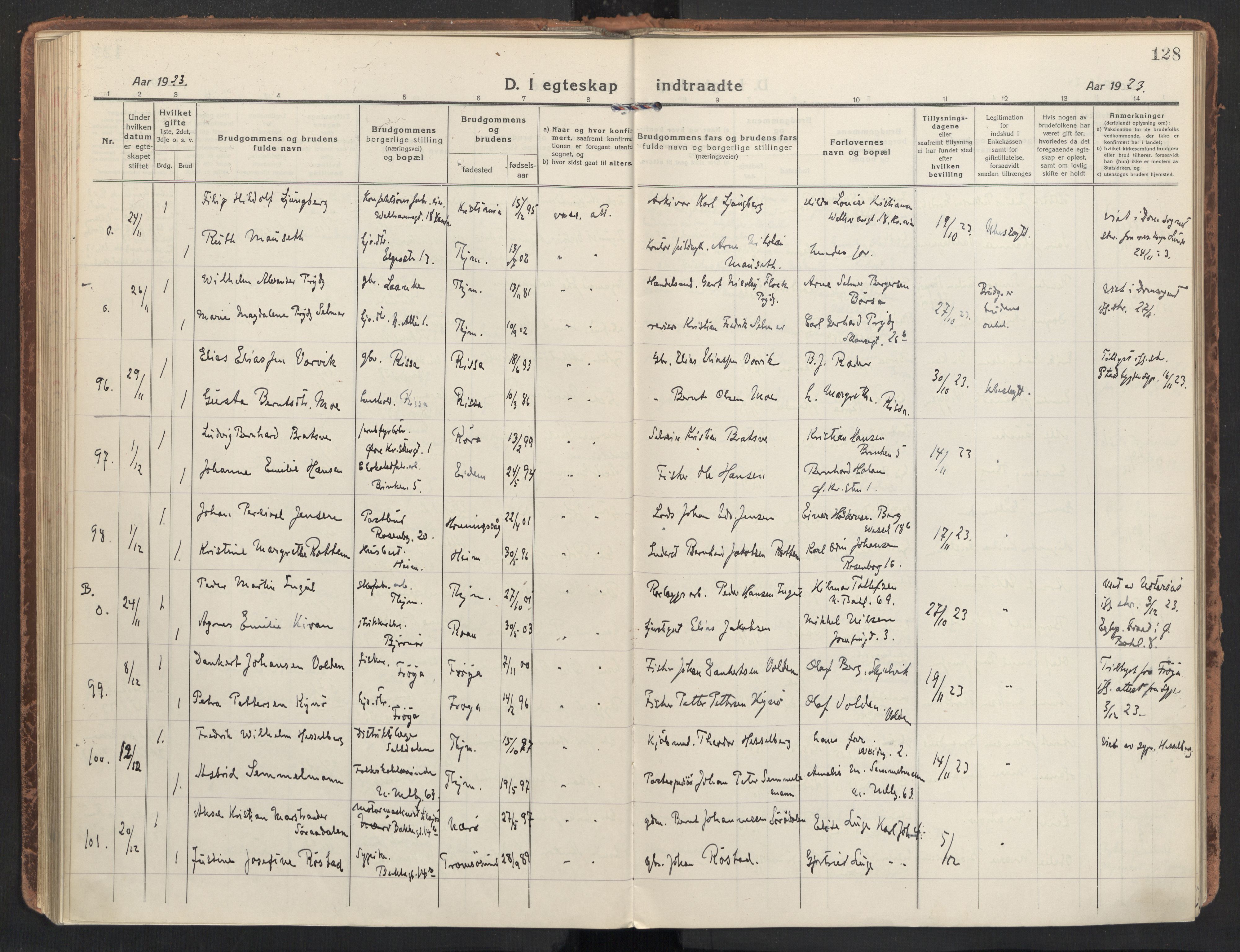 Ministerialprotokoller, klokkerbøker og fødselsregistre - Sør-Trøndelag, AV/SAT-A-1456/604/L0206: Parish register (official) no. 604A26, 1917-1931, p. 128