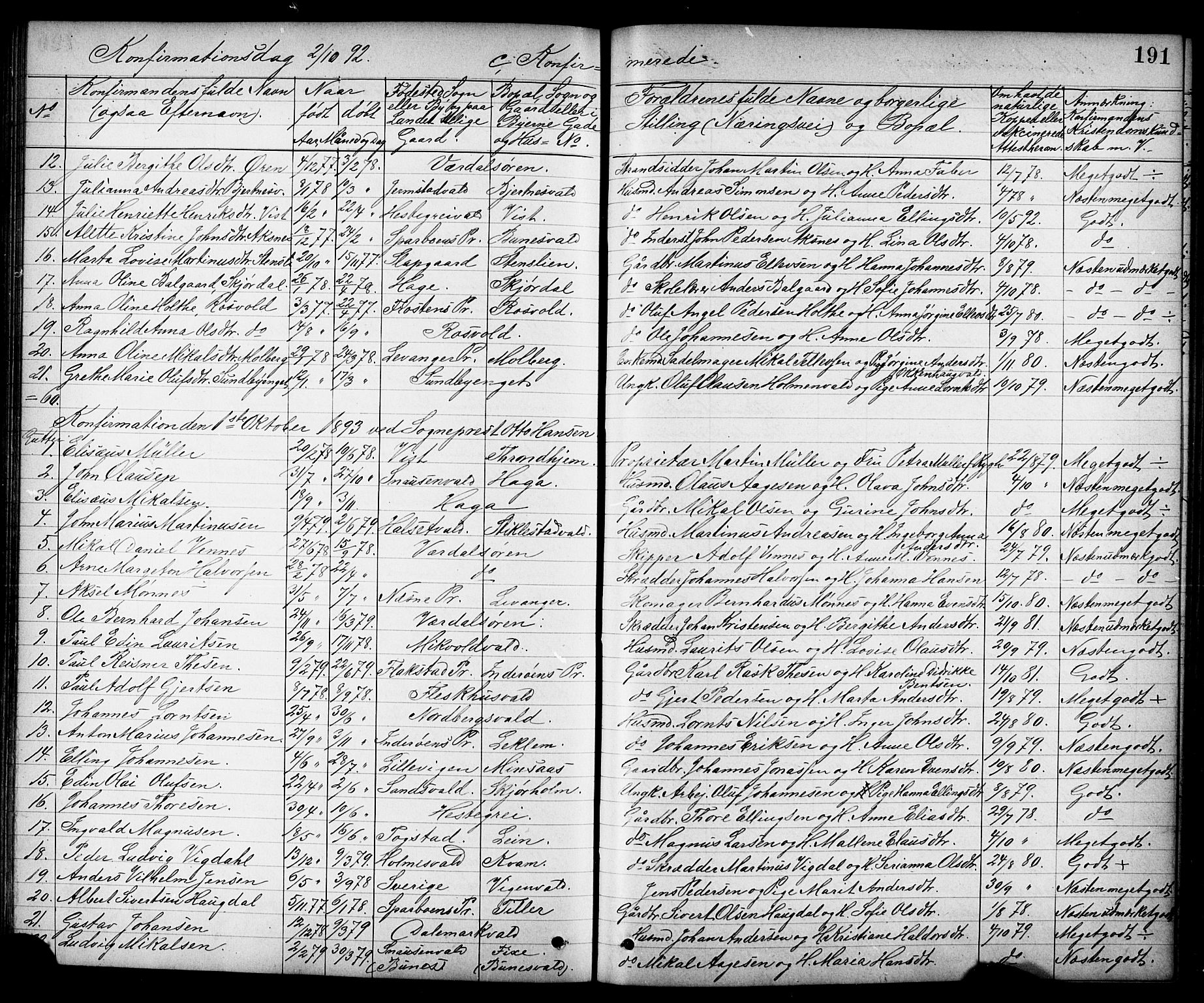 Ministerialprotokoller, klokkerbøker og fødselsregistre - Nord-Trøndelag, SAT/A-1458/723/L0257: Parish register (copy) no. 723C05, 1890-1907, p. 191