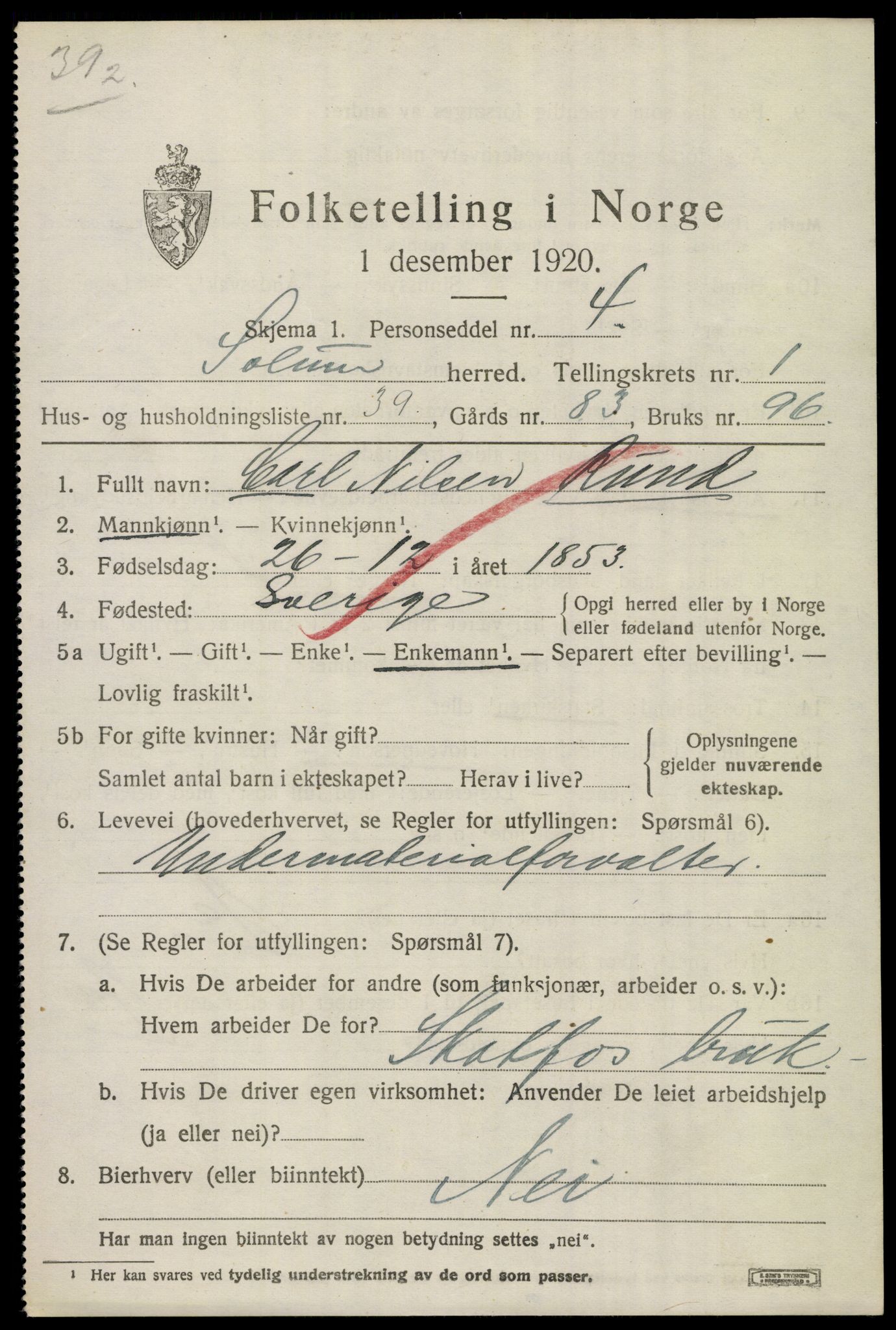 SAKO, 1920 census for Solum, 1920, p. 2968