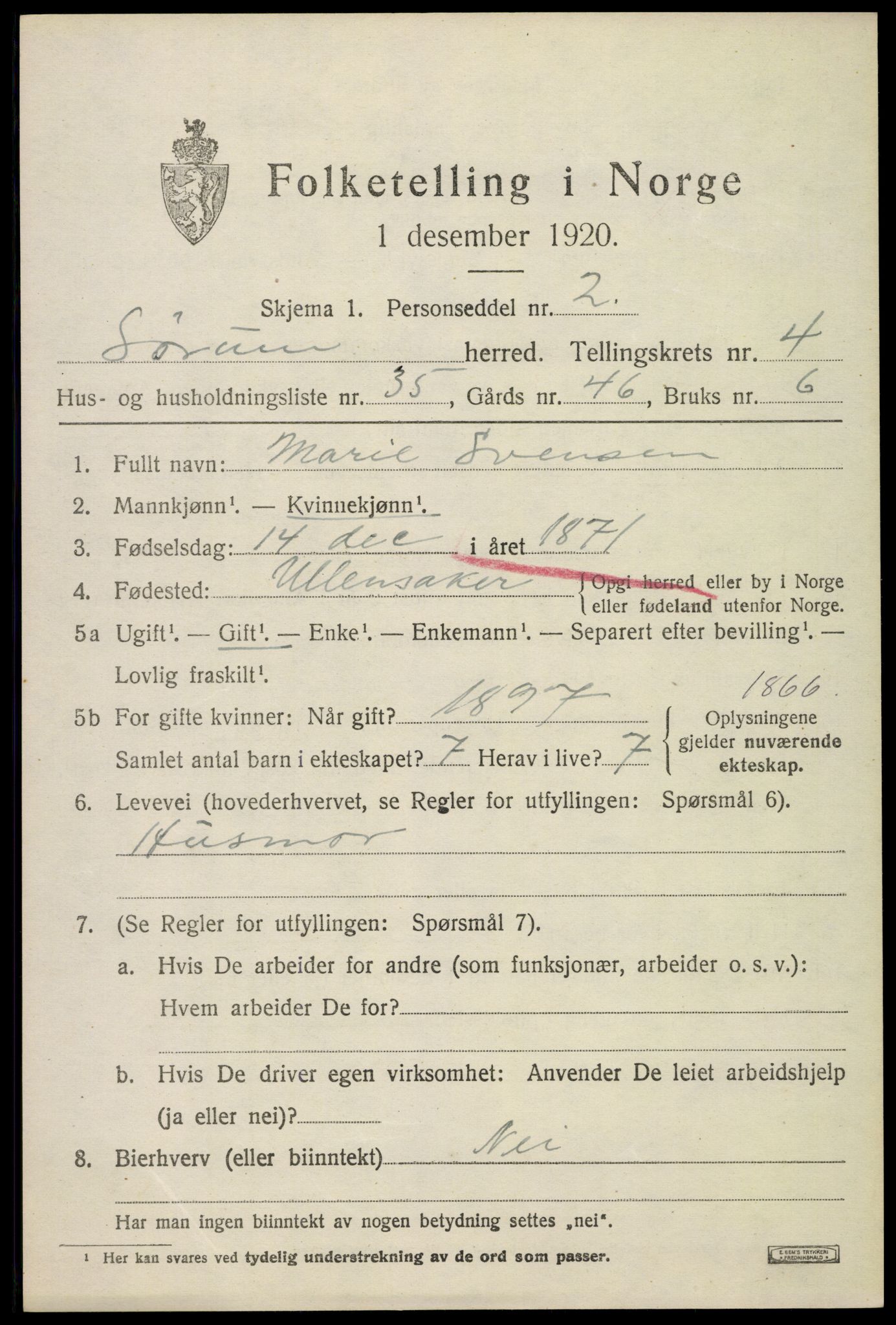 SAO, 1920 census for Sørum, 1920, p. 3807