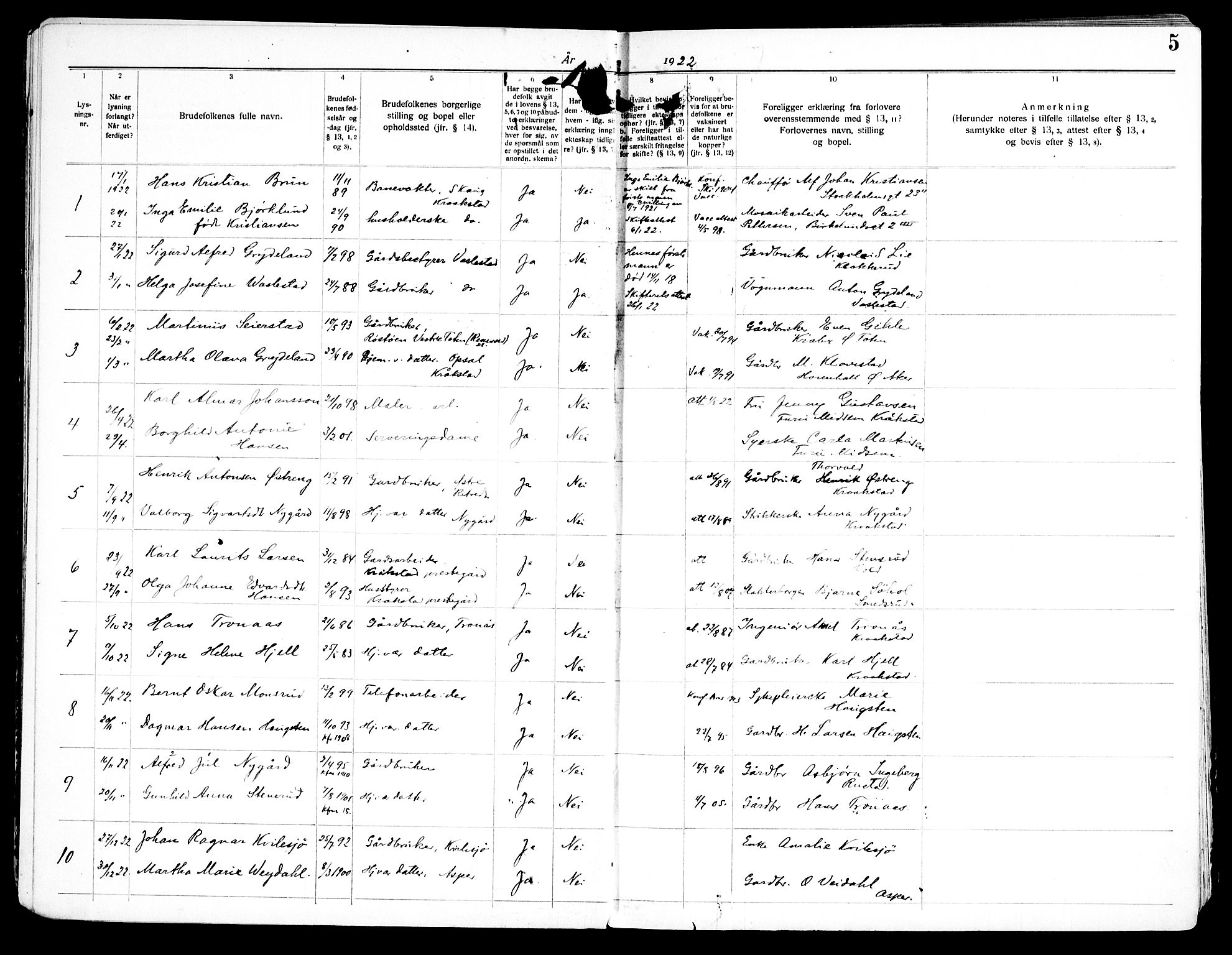 Kråkstad prestekontor Kirkebøker, SAO/A-10125a/H/Ha/L0001: Banns register no. I 1, 1919-1969, p. 5