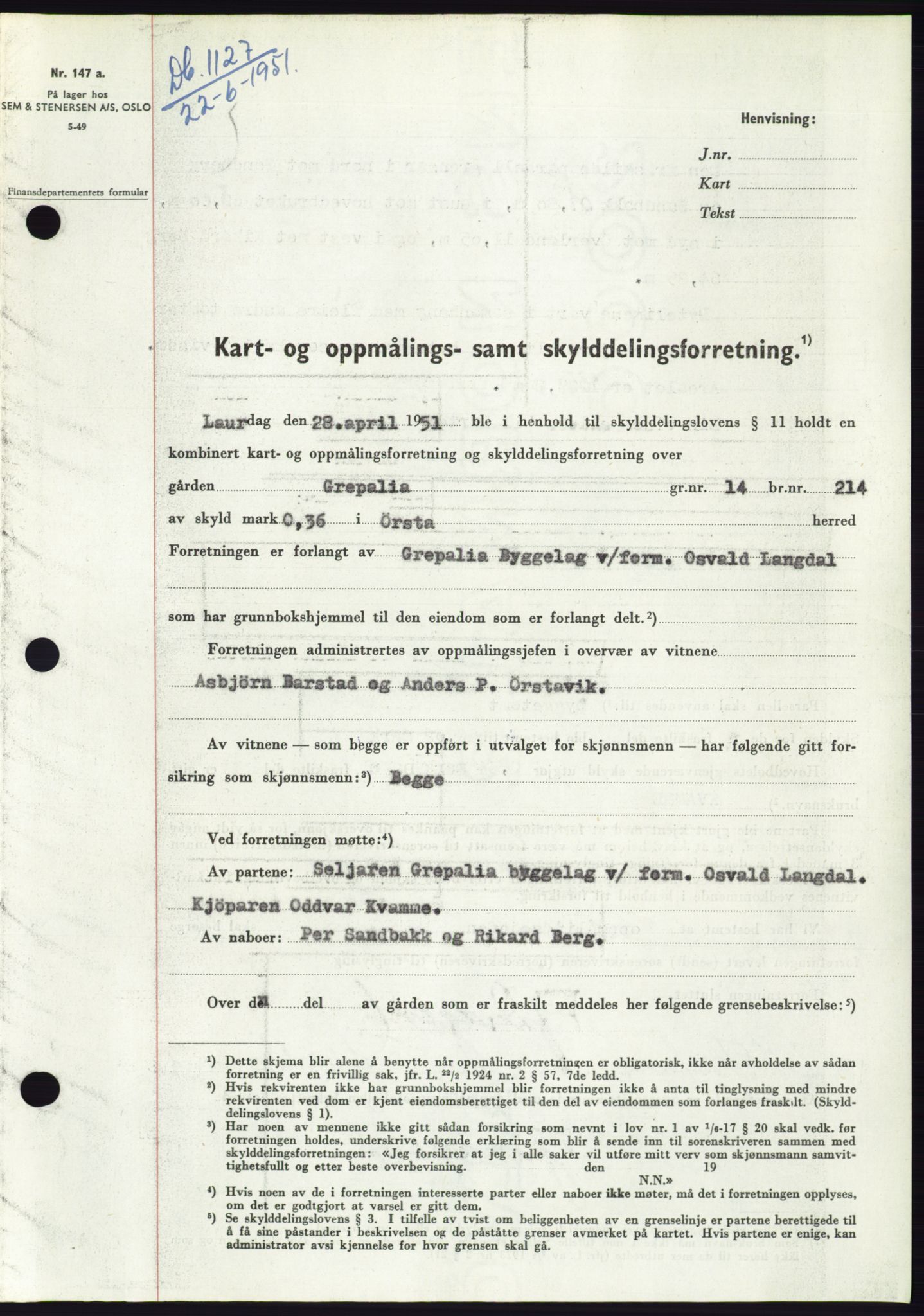 Søre Sunnmøre sorenskriveri, AV/SAT-A-4122/1/2/2C/L0089: Mortgage book no. 15A, 1951-1951, Diary no: : 1127/1951