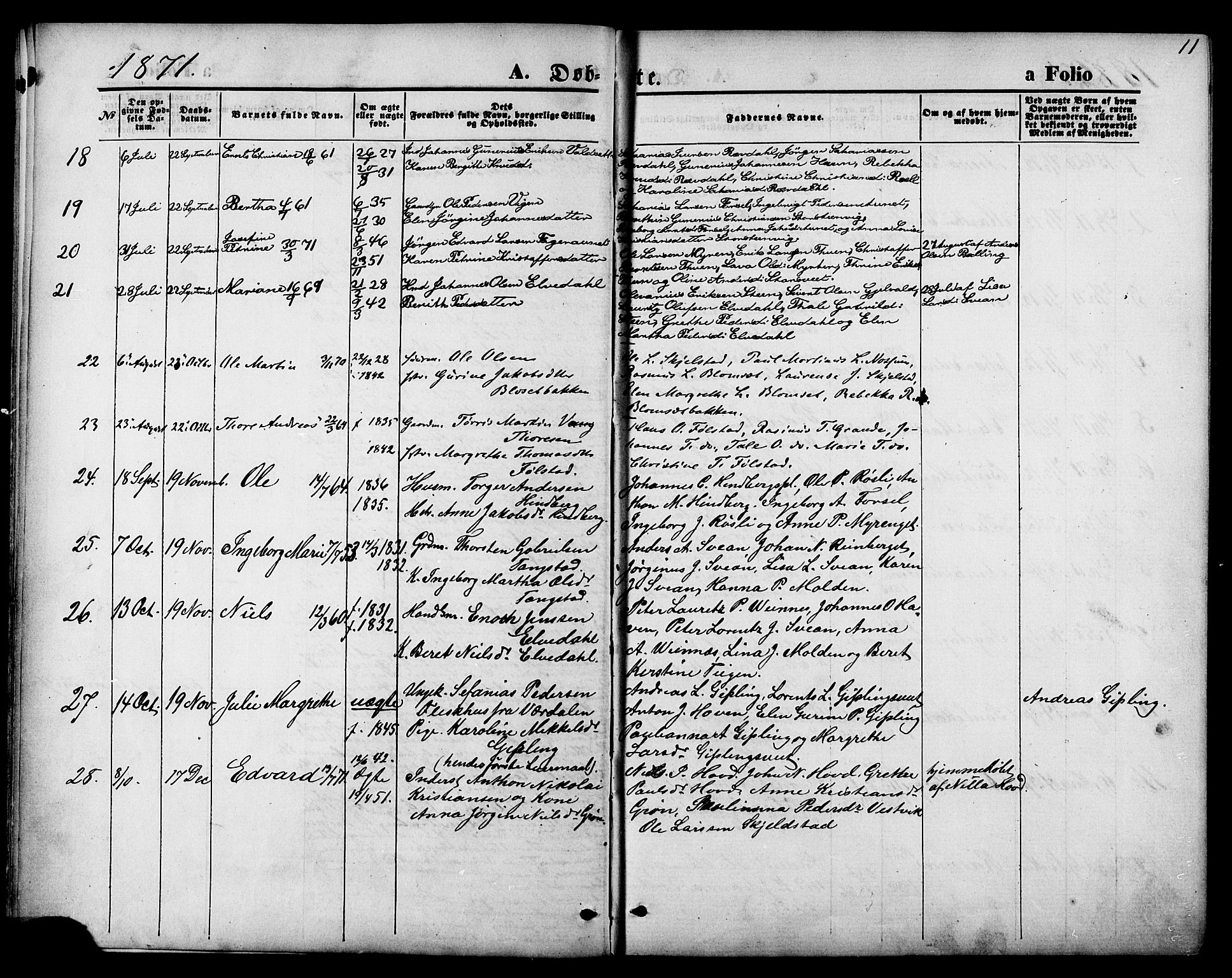 Ministerialprotokoller, klokkerbøker og fødselsregistre - Nord-Trøndelag, SAT/A-1458/744/L0419: Parish register (official) no. 744A03, 1867-1881, p. 11