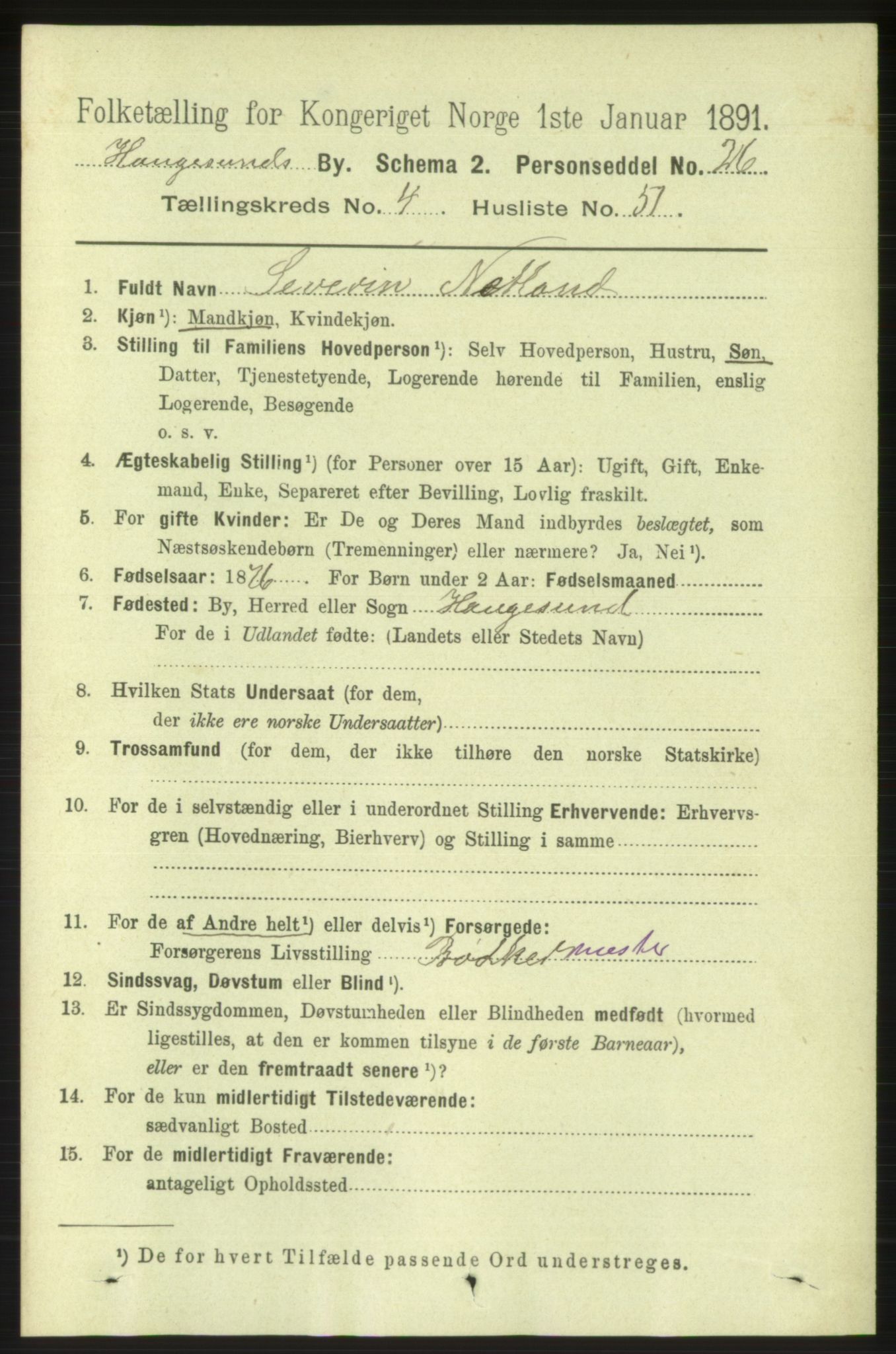 RA, 1891 census for 1106 Haugesund, 1891, p. 1924