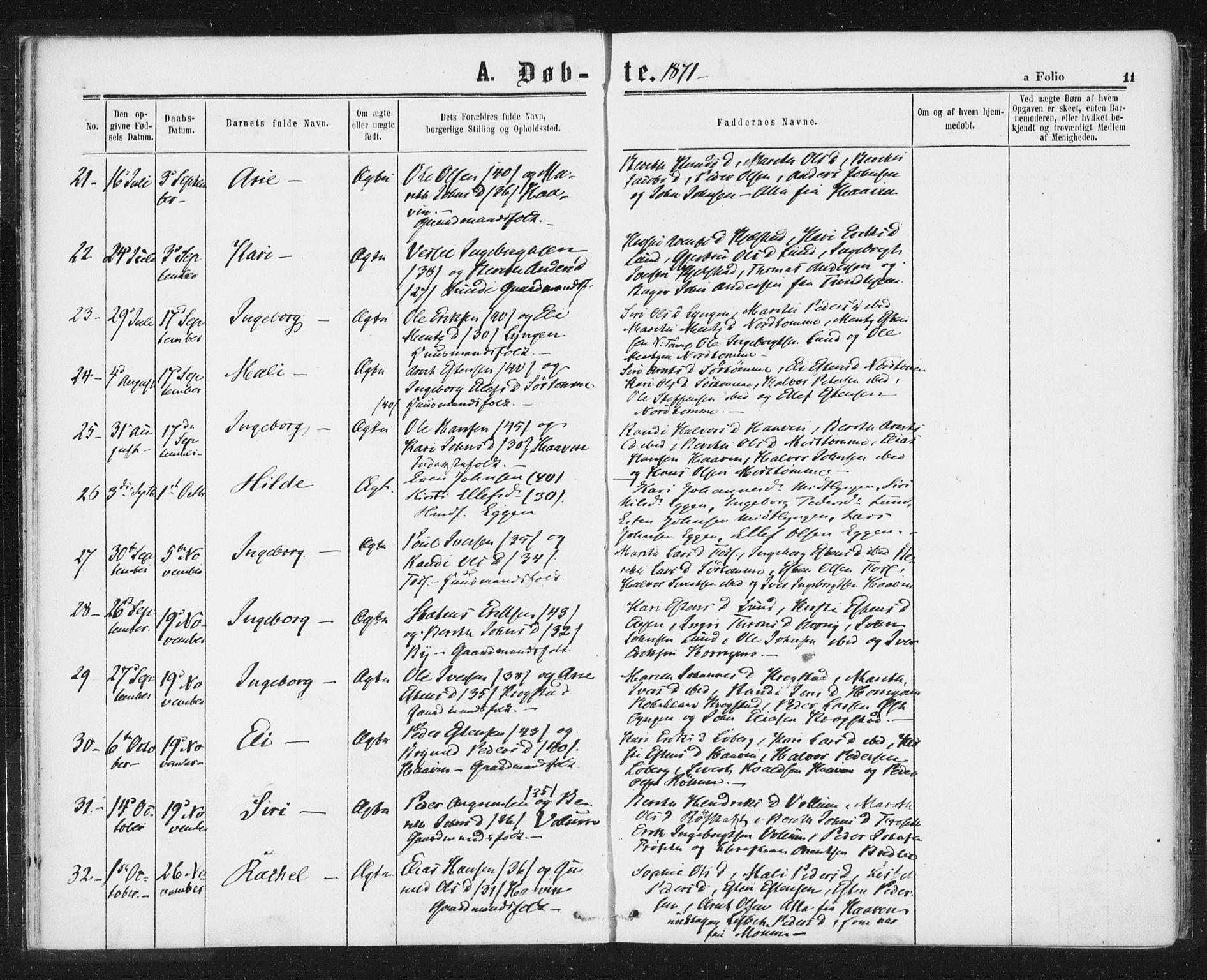 Ministerialprotokoller, klokkerbøker og fødselsregistre - Sør-Trøndelag, AV/SAT-A-1456/692/L1104: Parish register (official) no. 692A04, 1862-1878, p. 11