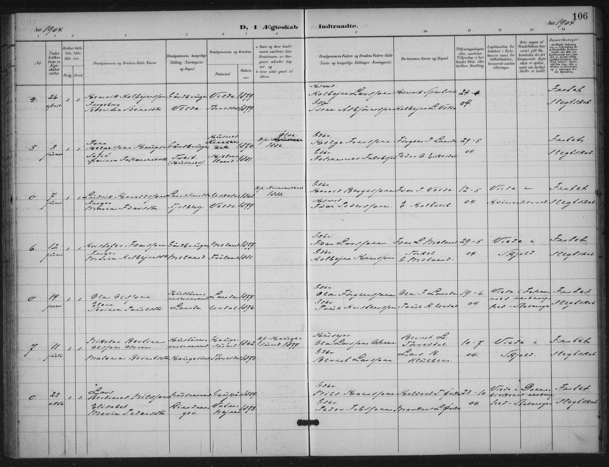 Skjold sokneprestkontor, SAST/A-101847/H/Ha/Haa/L0012: Parish register (official) no. A 12, 1899-1915, p. 106