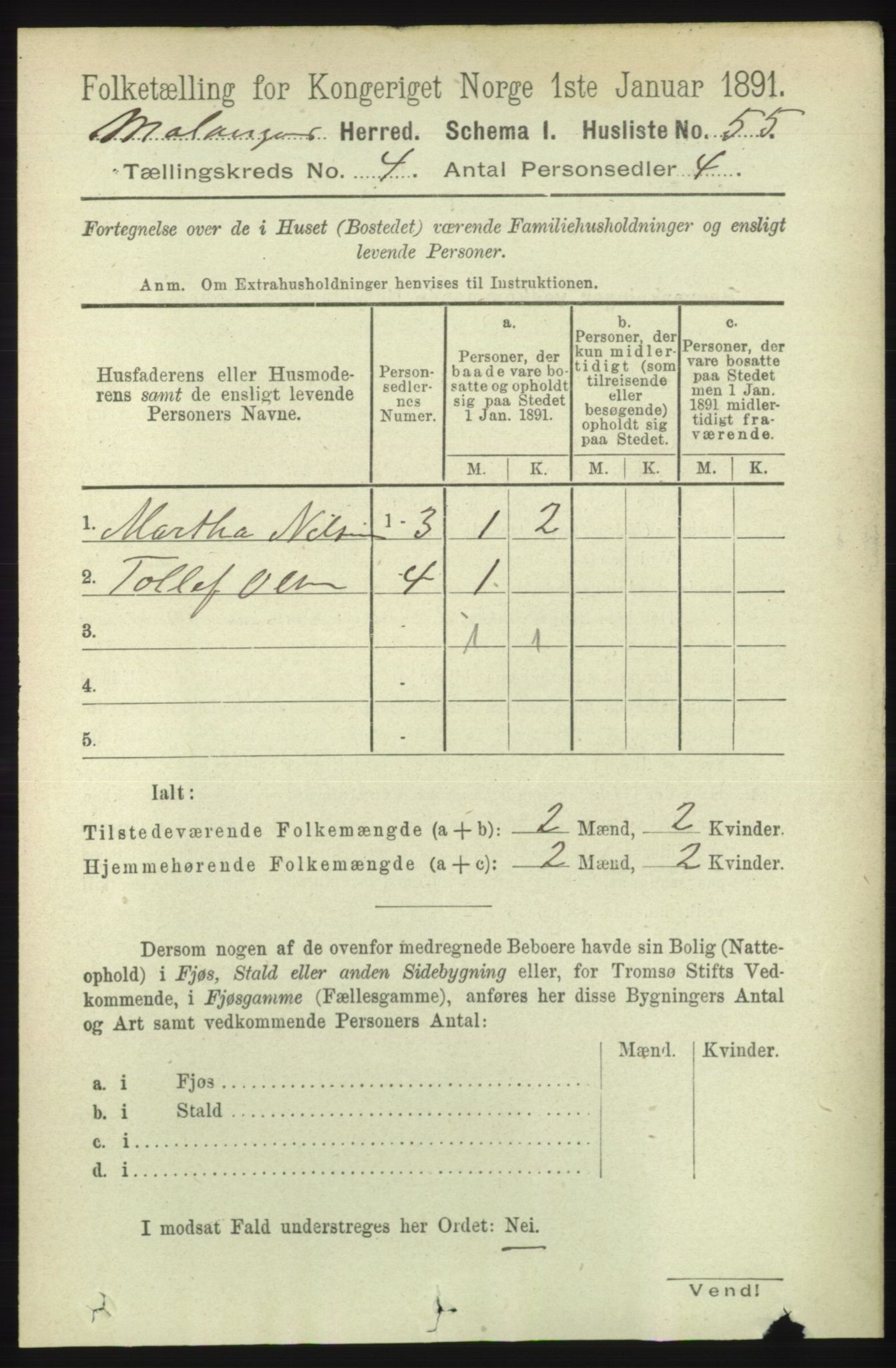 RA, 1891 census for 1932 Malangen, 1891, p. 1090