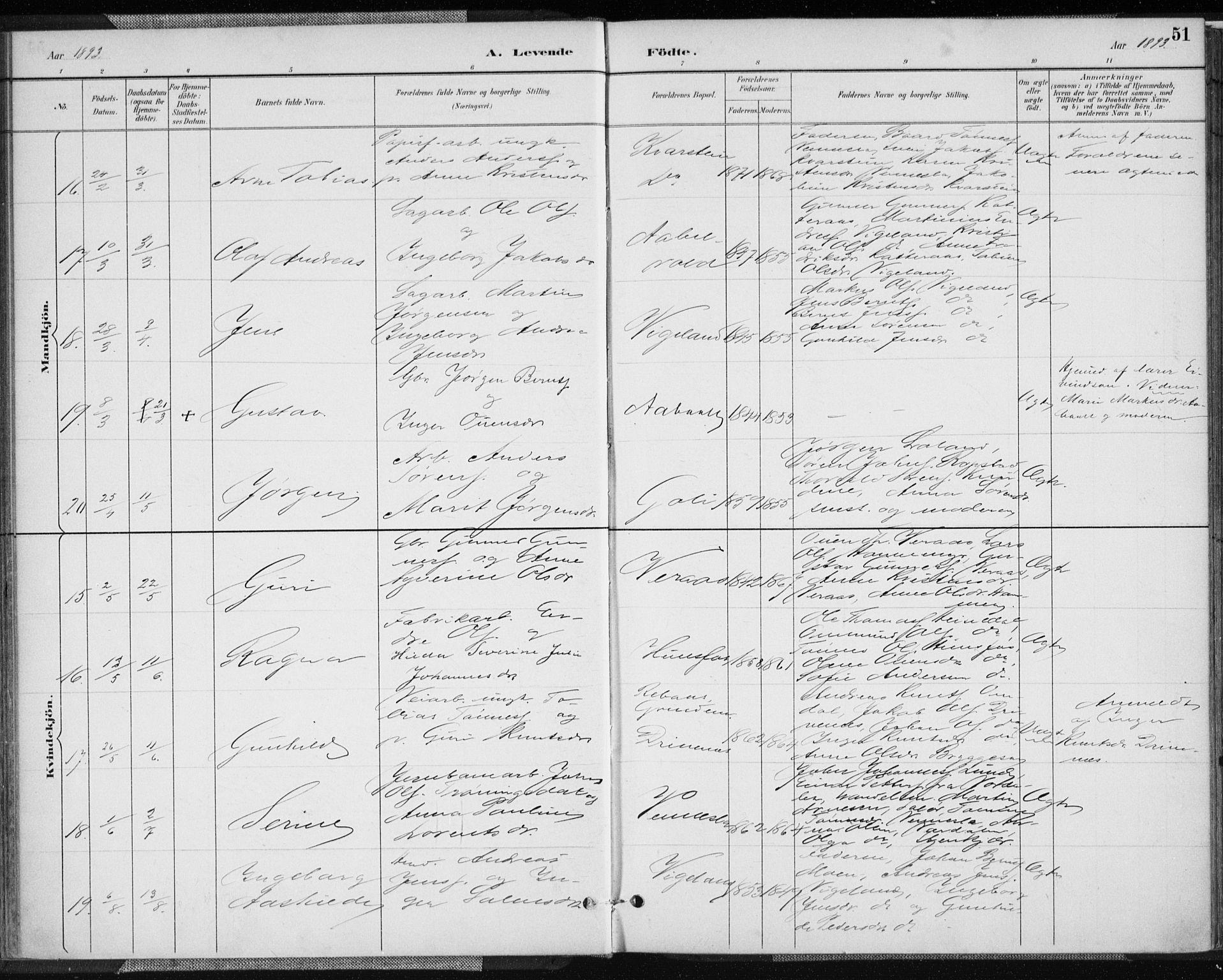 Vennesla sokneprestkontor, AV/SAK-1111-0045/Fa/Fab/L0004: Parish register (official) no. A 4, 1884-1896, p. 51