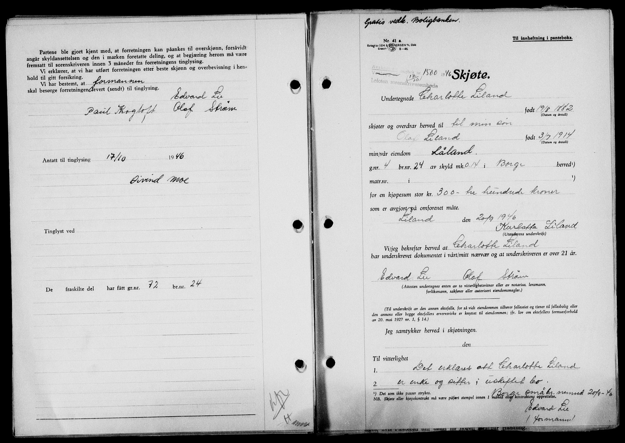 Lofoten sorenskriveri, SAT/A-0017/1/2/2C/L0014a: Mortgage book no. 14a, 1946-1946, Diary no: : 1500/1946