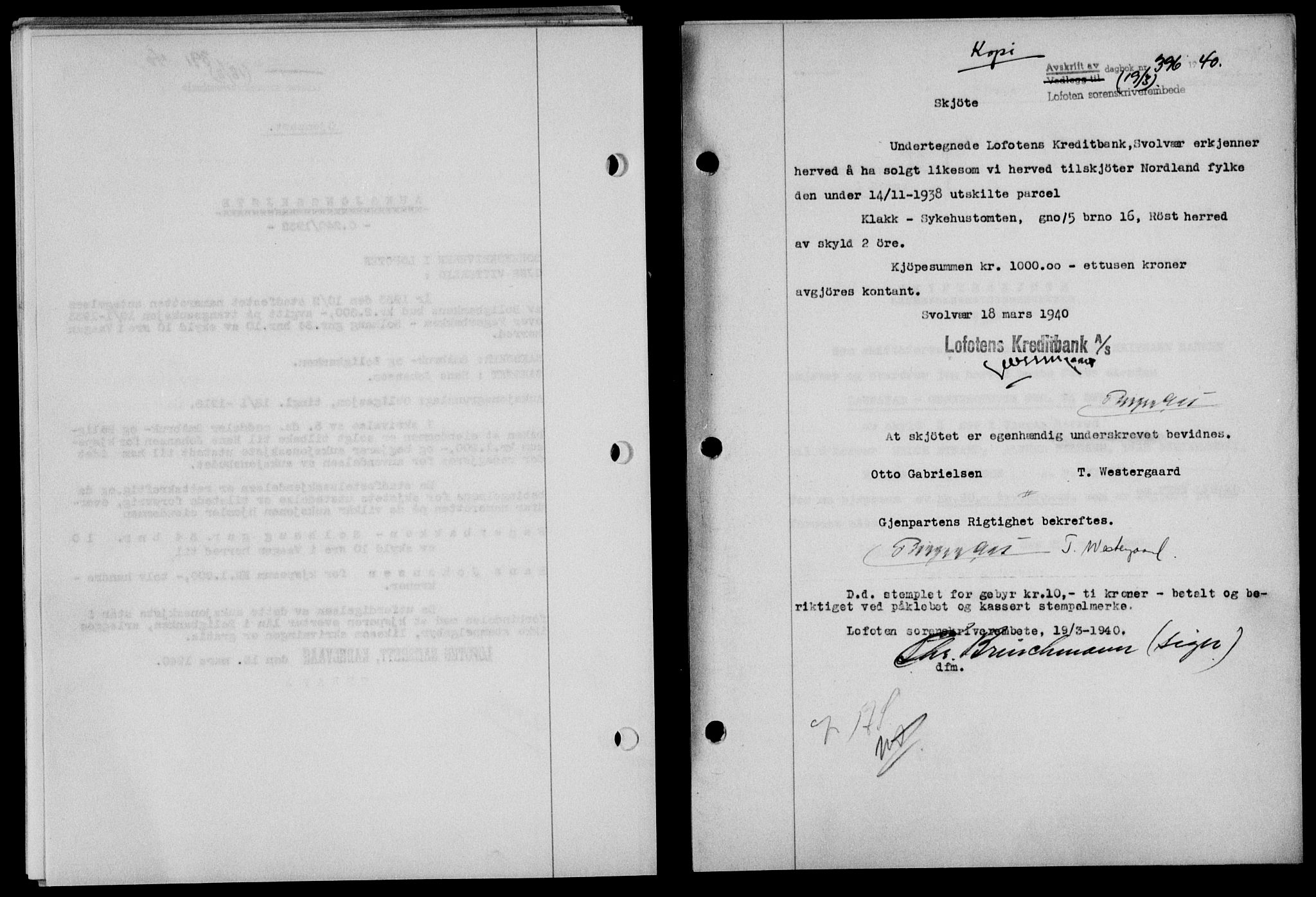 Lofoten sorenskriveri, SAT/A-0017/1/2/2C/L0007a: Mortgage book no. 7a, 1939-1940, Diary no: : 396/1940