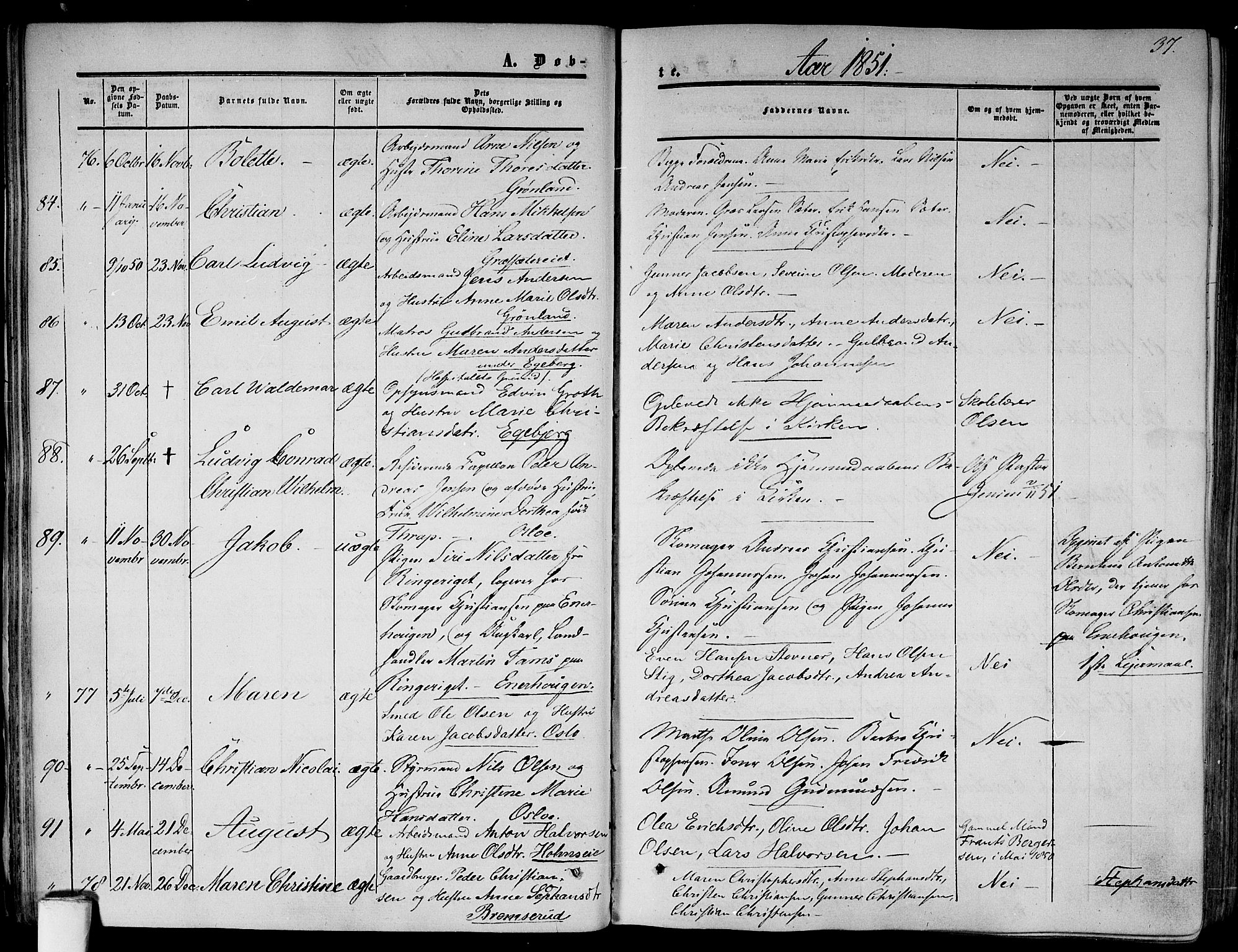 Gamlebyen prestekontor Kirkebøker, AV/SAO-A-10884/F/Fa/L0004: Parish register (official) no. 4, 1850-1857, p. 37