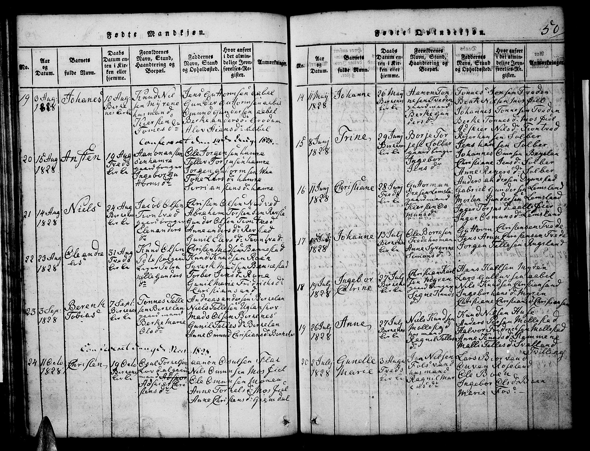Tveit sokneprestkontor, SAK/1111-0043/F/Fb/L0001: Parish register (copy) no. B 1, 1820-1834, p. 50