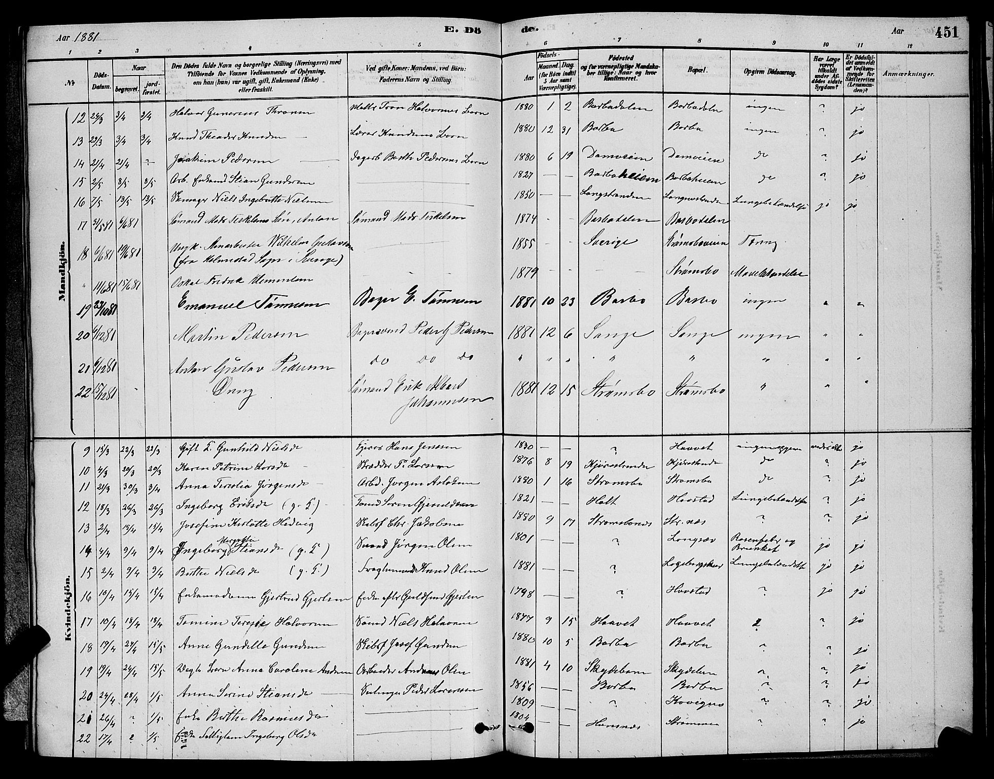 Barbu sokneprestkontor, AV/SAK-1111-0003/F/Fb/L0001: Parish register (copy) no. B 1, 1878-1890, p. 451