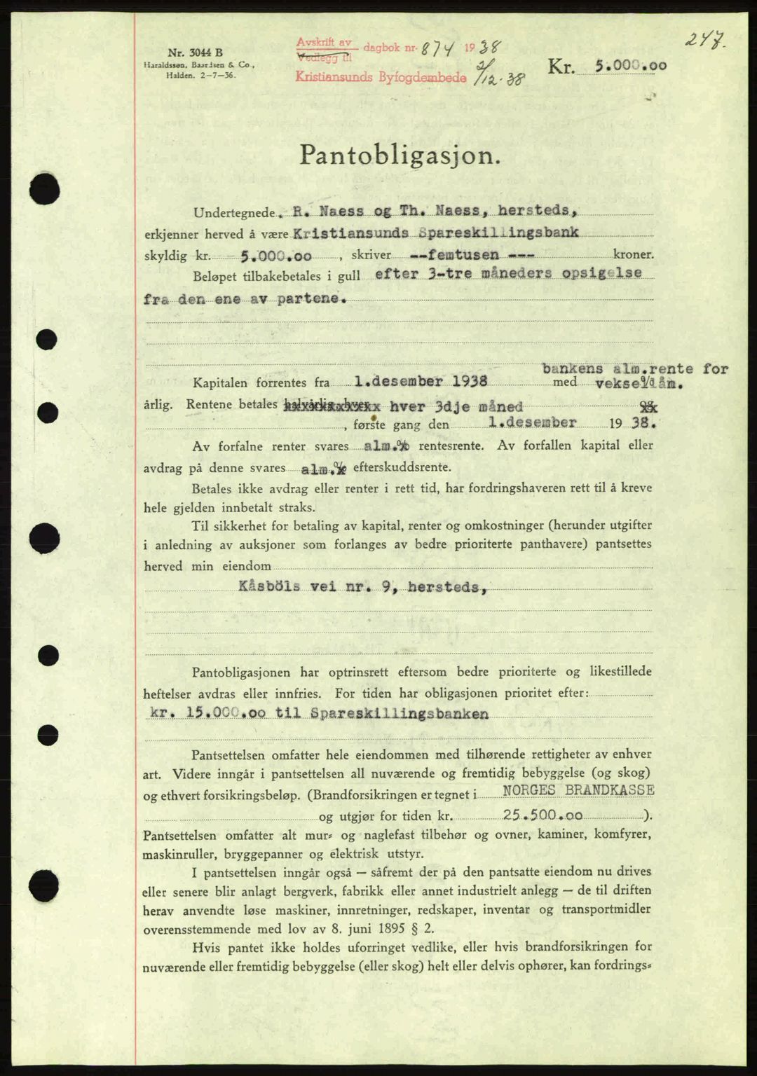 Kristiansund byfogd, SAT/A-4587/A/27: Mortgage book no. 31, 1938-1939, Diary no: : 874/1938