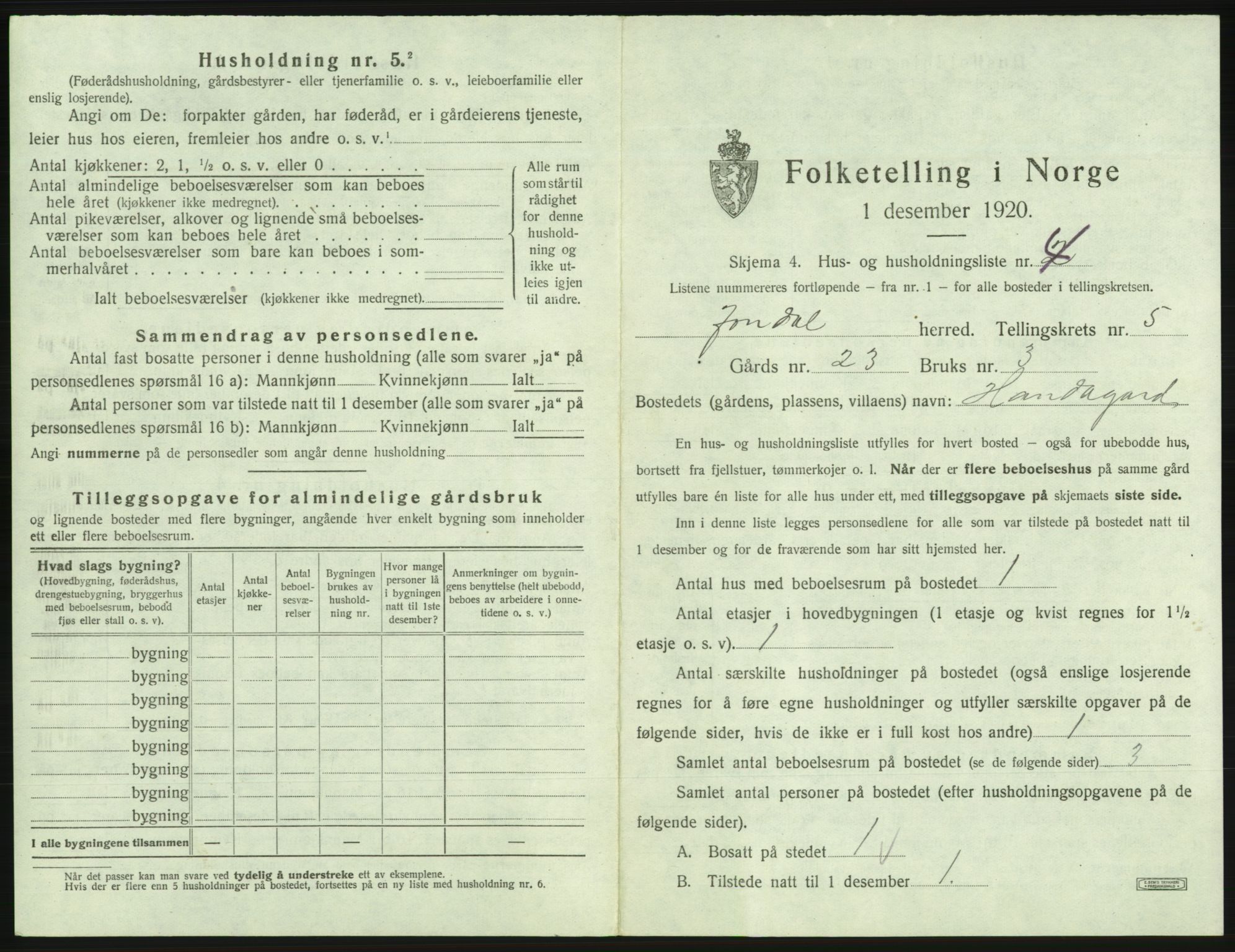 SAB, 1920 census for Jondal, 1920, p. 355