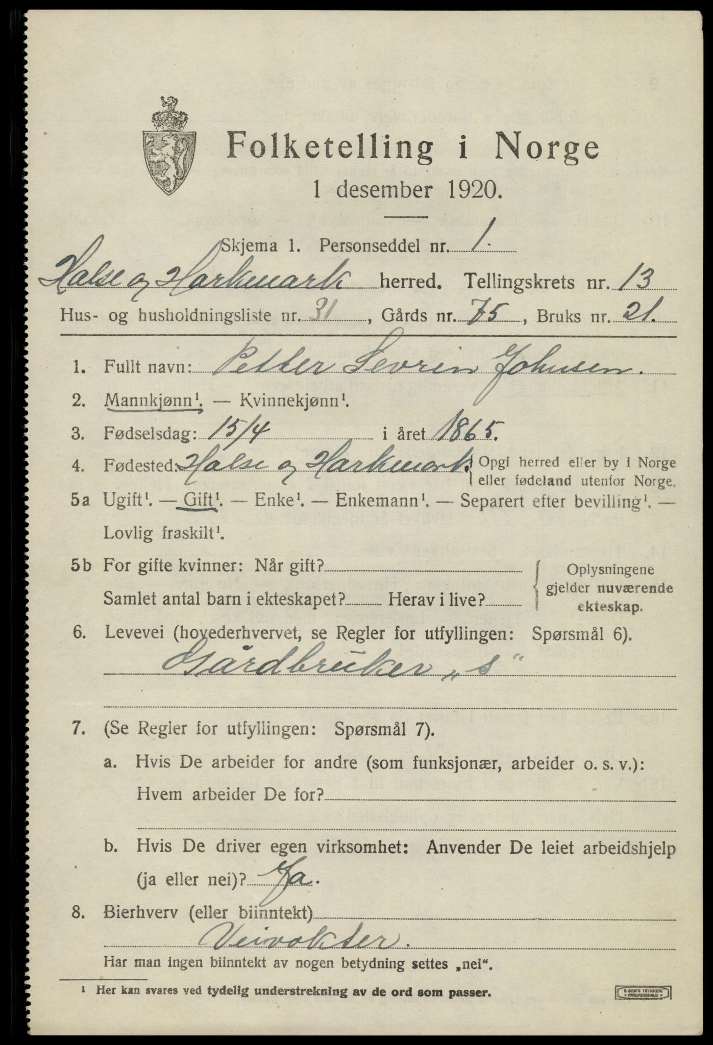 SAK, 1920 census for Halse og Harkmark, 1920, p. 7273