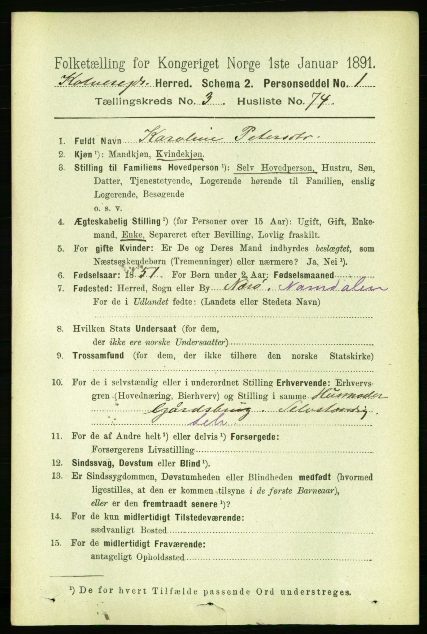 RA, 1891 census for 1752 Kolvereid, 1891, p. 1354