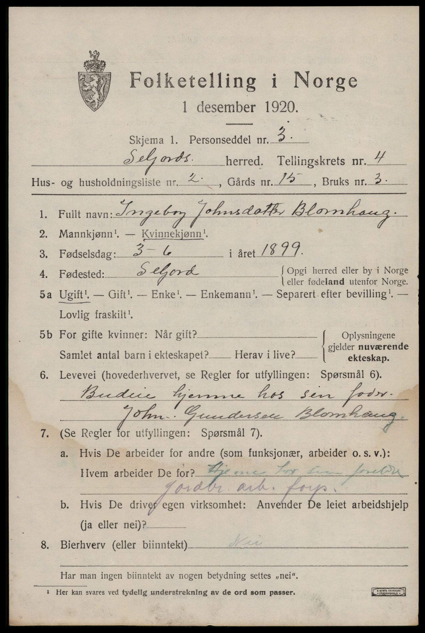 SAKO, 1920 census for Seljord, 1920, p. 2106