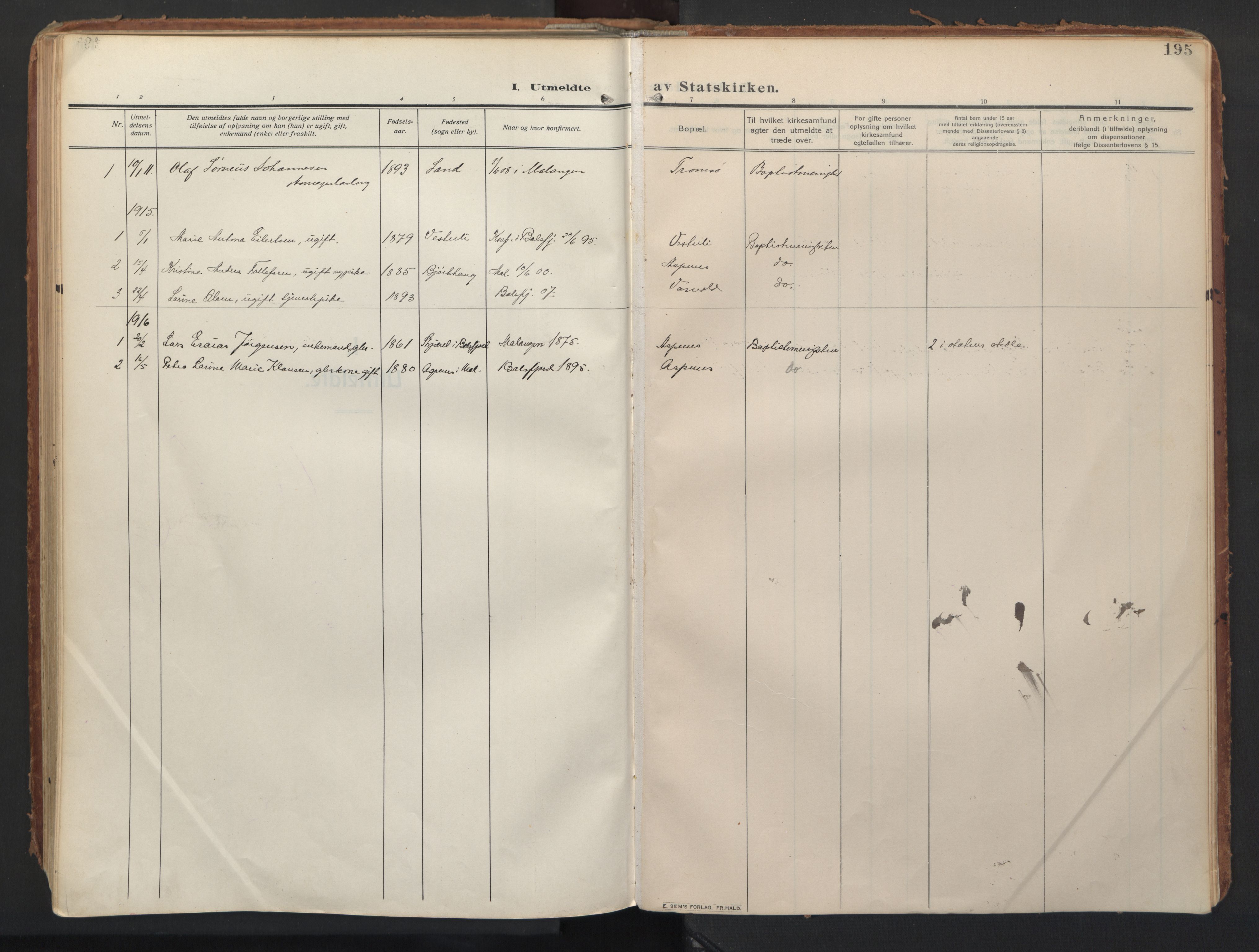 Balsfjord sokneprestembete, AV/SATØ-S-1303/G/Gaa/L0008kirke: Parish register (official) no. 8, 1910-1927, p. 195