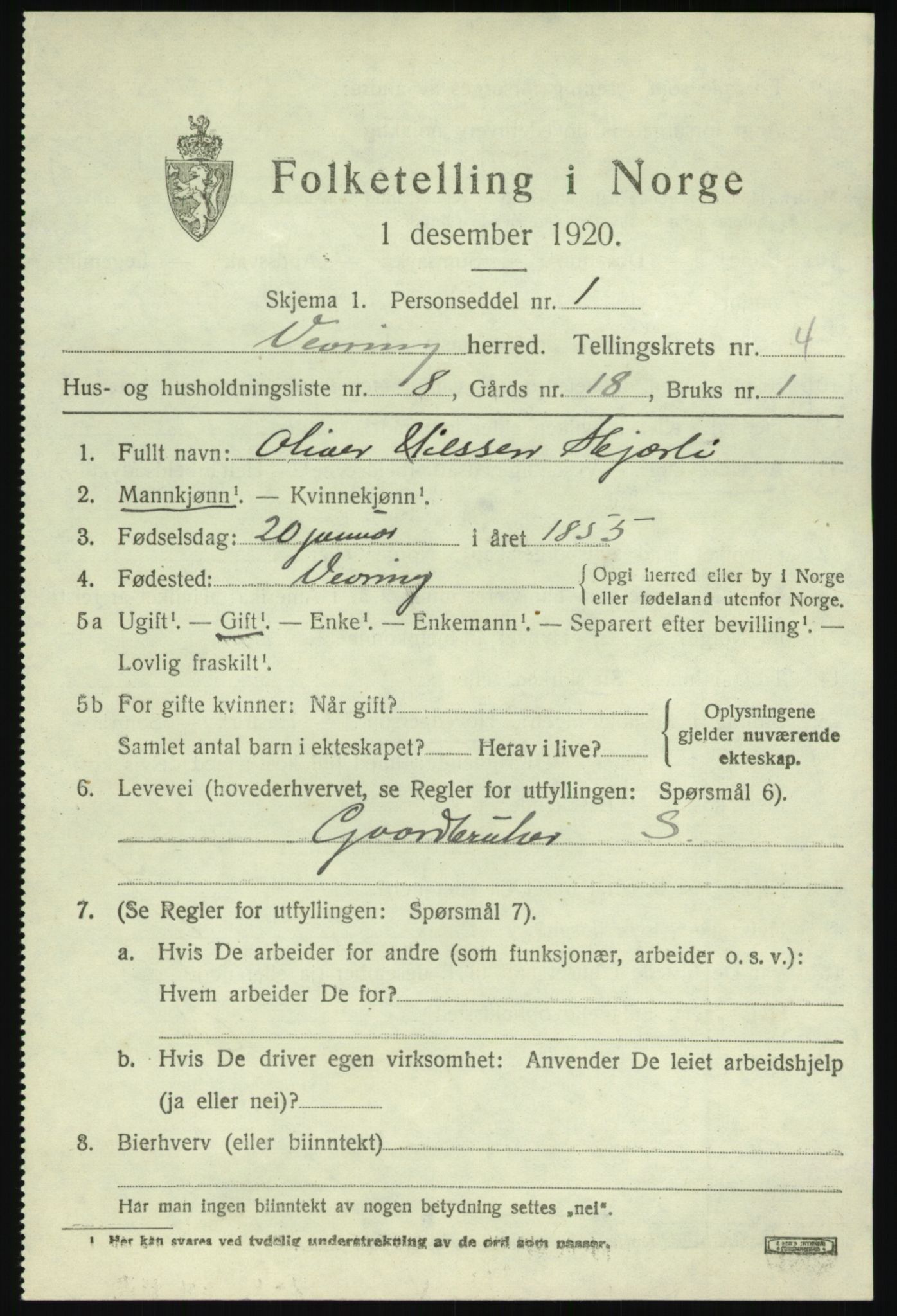 SAB, 1920 census for Vevring, 1920, p. 1402