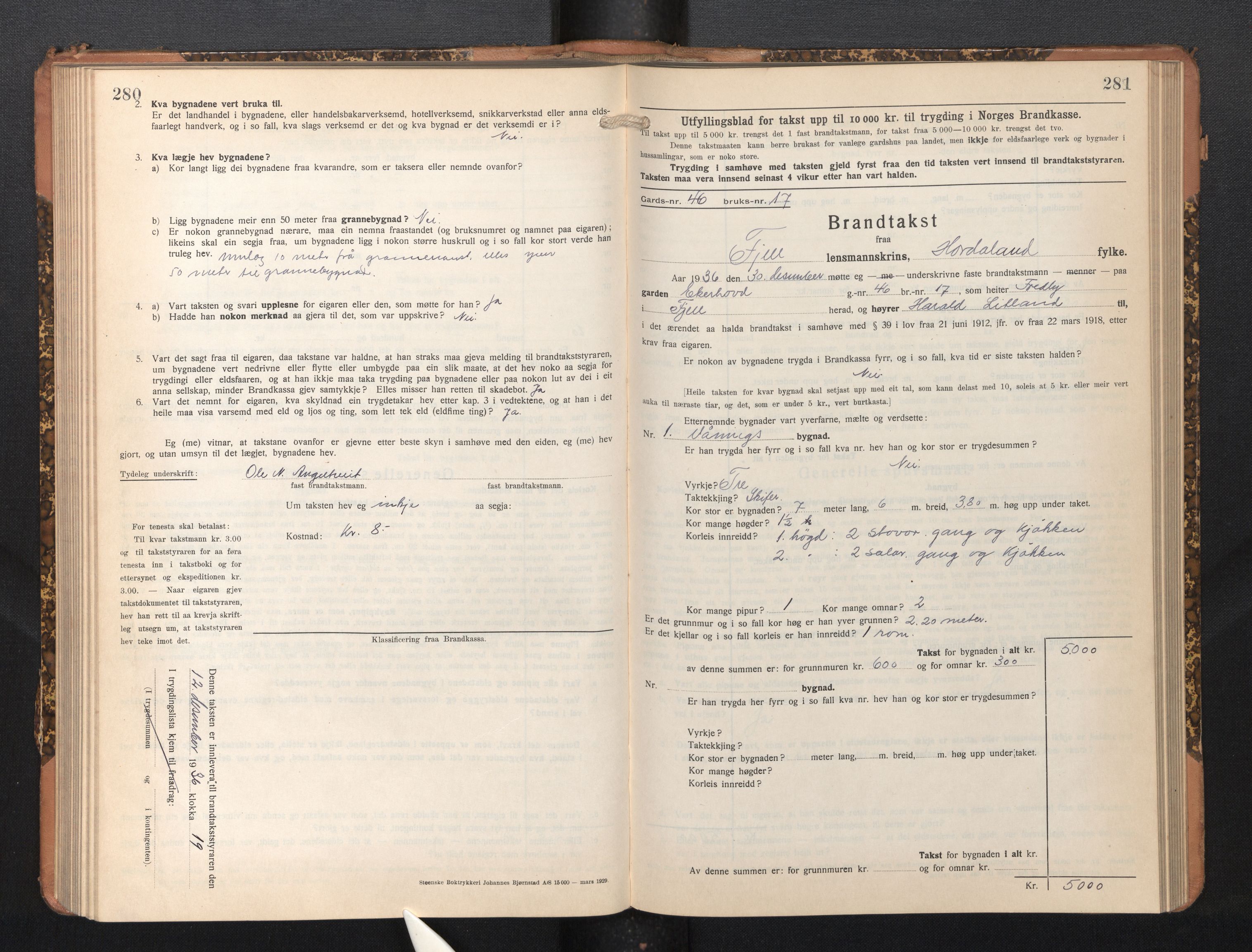 Lensmannen i Fjell, SAB/A-32301/0012/L0006: Branntakstprotokoll, skjematakst, 1931-1945, p. 280-281