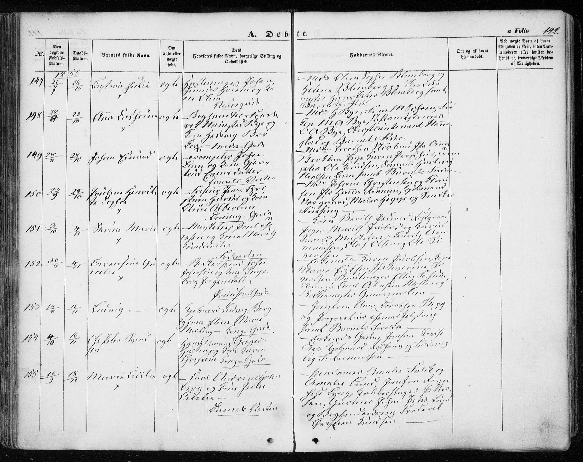 Ministerialprotokoller, klokkerbøker og fødselsregistre - Sør-Trøndelag, SAT/A-1456/601/L0051: Parish register (official) no. 601A19, 1848-1857, p. 142
