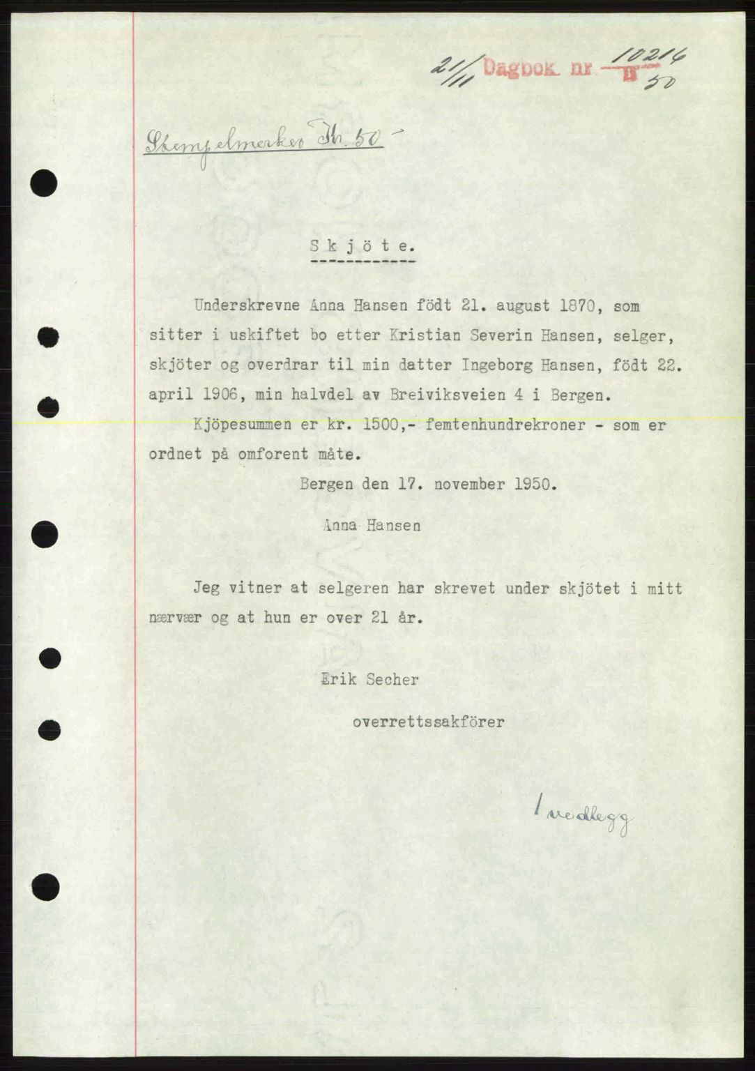Byfogd og Byskriver i Bergen, SAB/A-3401/03/03Bc/L0034: Mortgage book no. A27-28, 1950-1950, Diary no: : 10216/1950